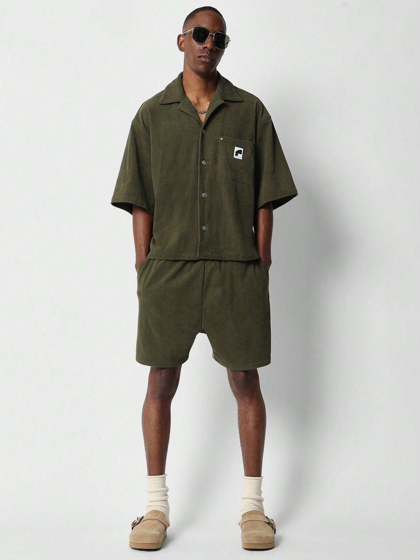 Boxy Fit Corduroy Shirt And Drop Crotch Short 2 Piece Set