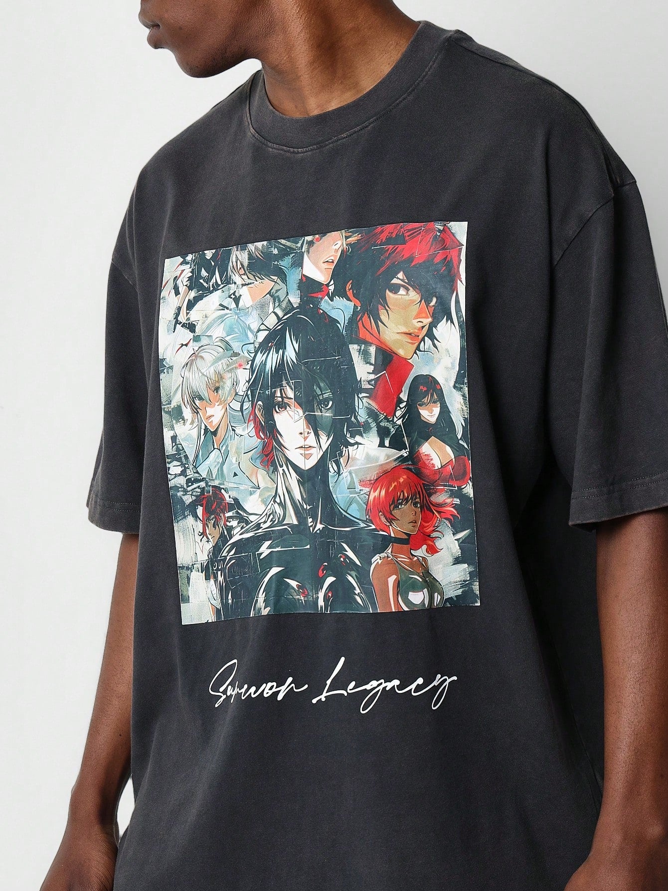 Regular Fit Short Sleeve Washed Tee With Anime Graphics Print