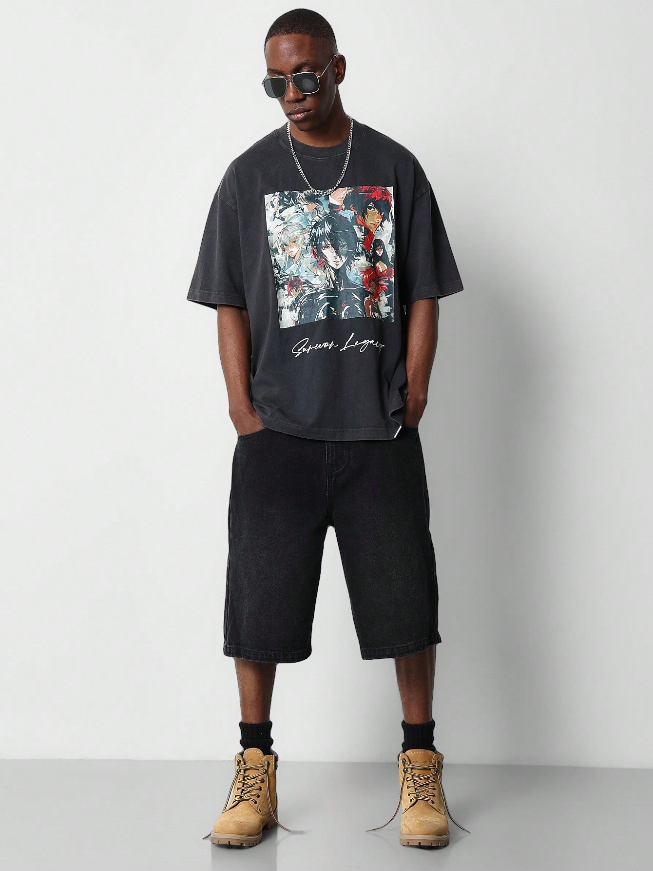 Regular Fit Short Sleeve Washed Tee With Anime Graphics Print