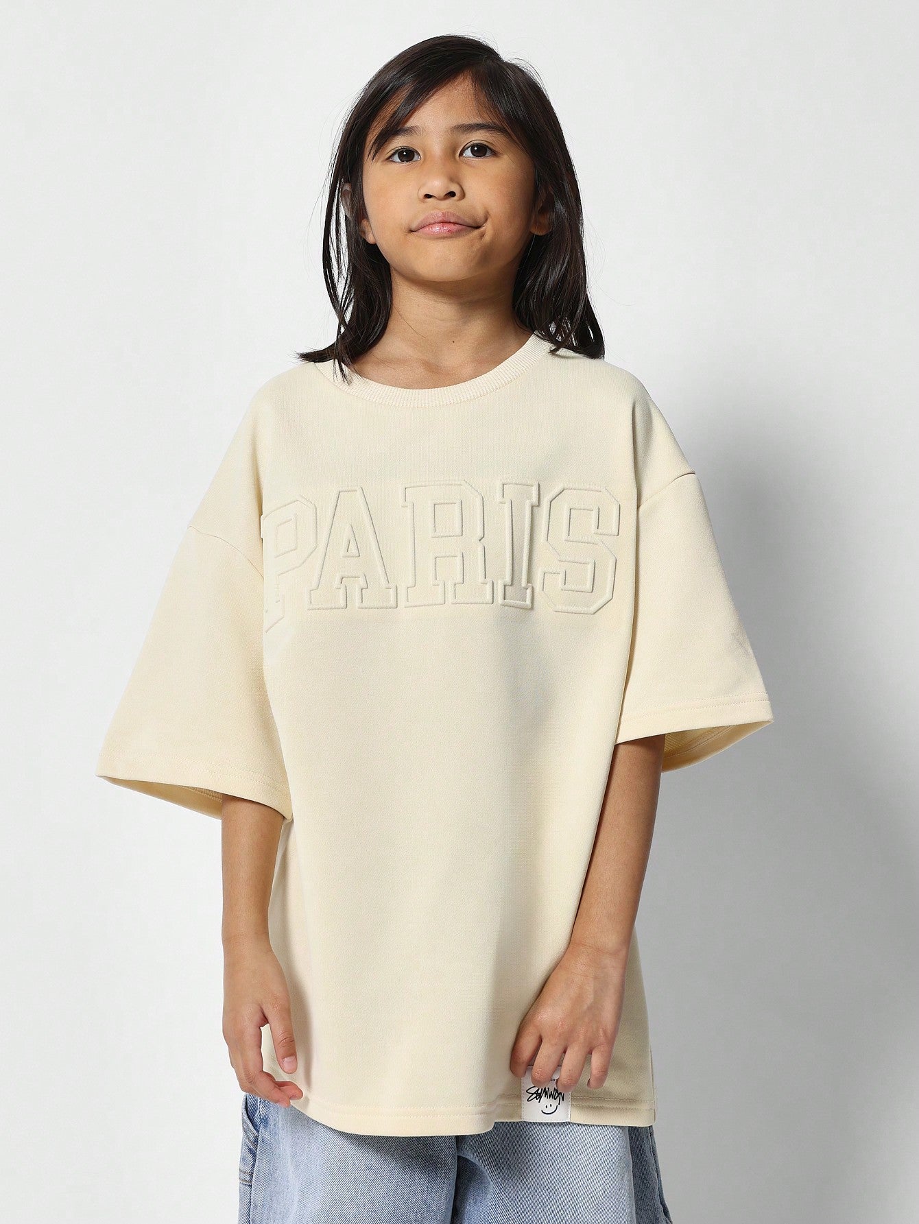 Tween Girls Oversized Fit Drop Shoulder Tee With Front Embossed Print