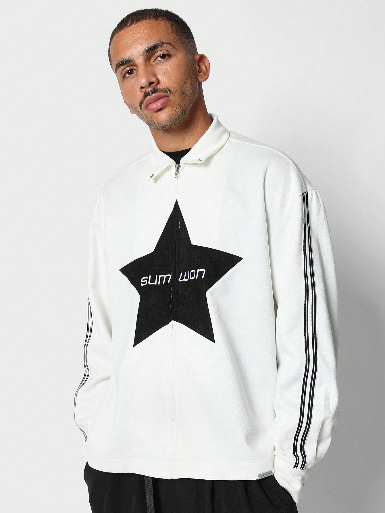 Oversized Fit Zip Jacket With Front Star Graphic Print And Stripe On Sleeve