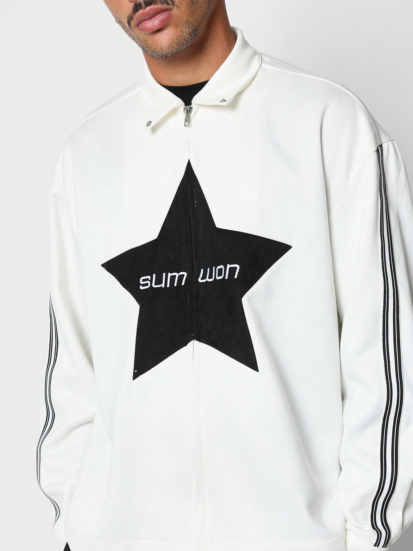 Oversized Fit Zip Jacket With Front Star Graphic Print And Stripe On Sleeve