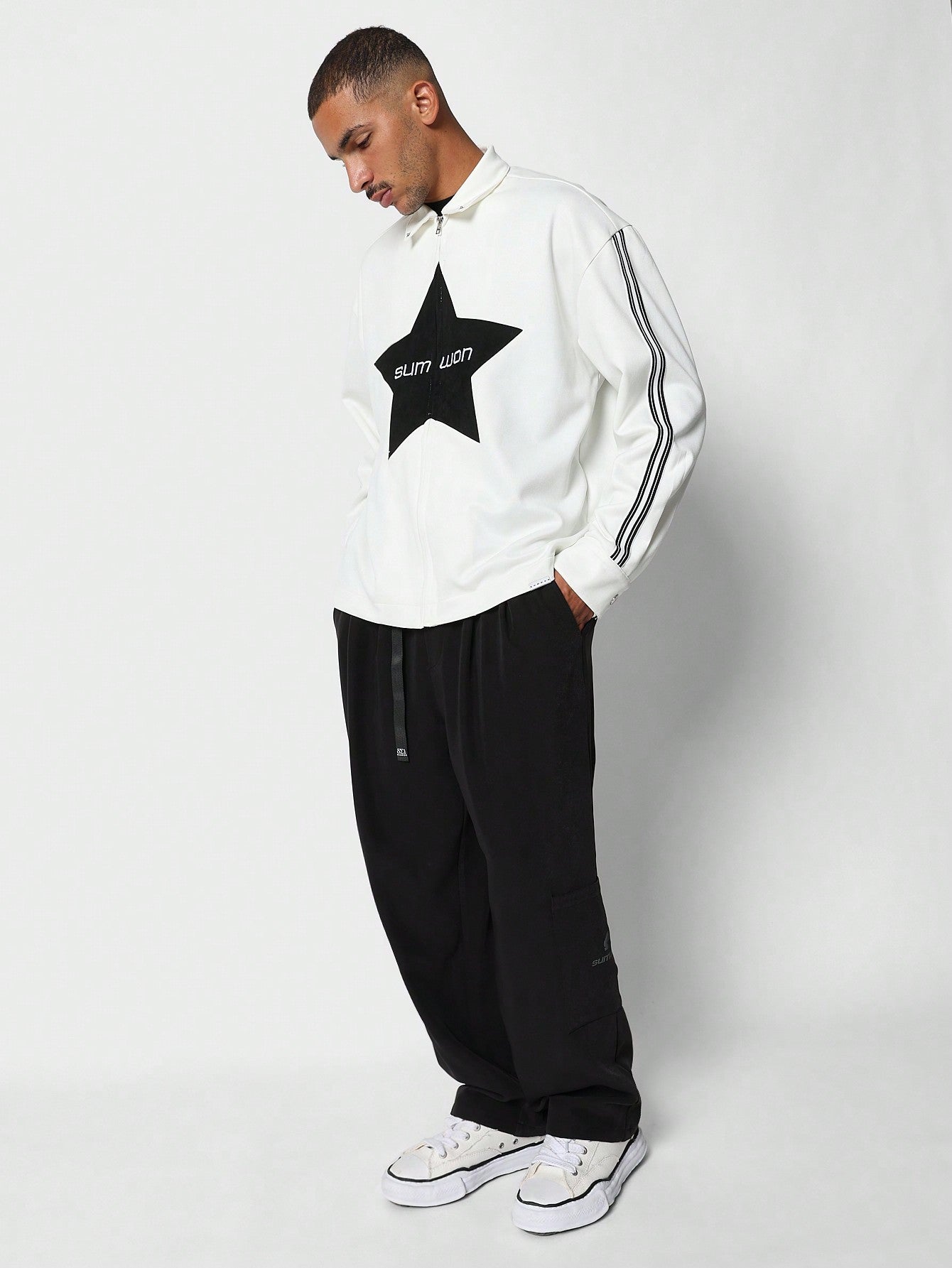 Oversized Fit Zip Jacket With Front Star Graphic Print And Stripe On Sleeve