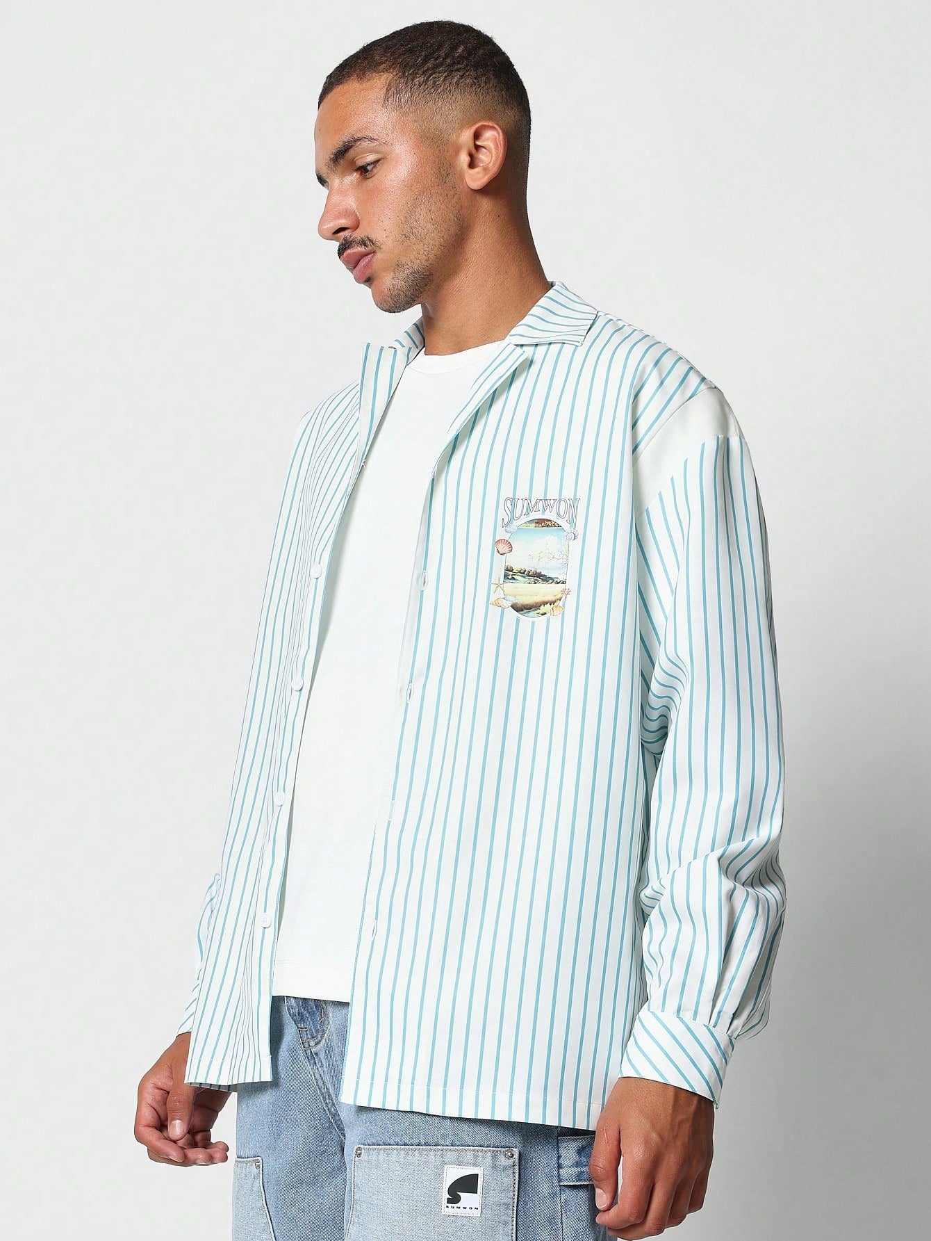 Regular Fit Revere Collar Stripe Shirt With Front & Back Graphic Print