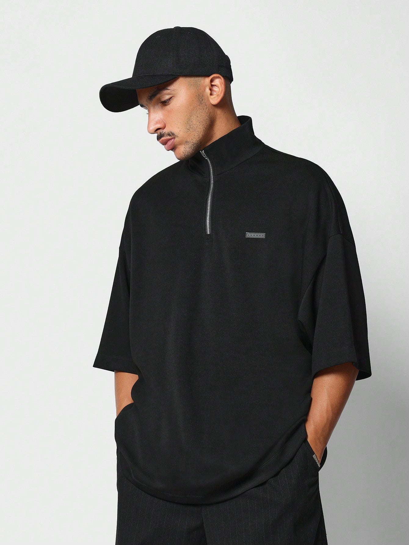 Oversized Fit Mock Neck Half Zip Tee With Number 2 Graphic Print