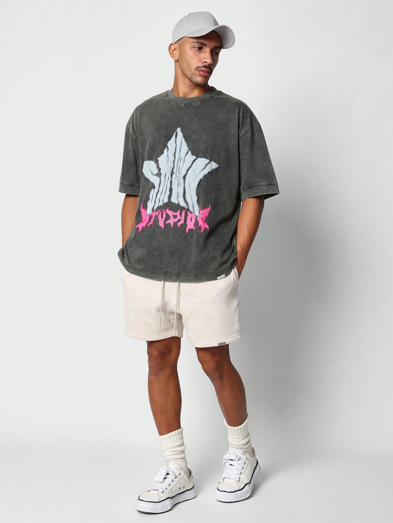 Oversized Fit Washed Tee With Front Embroidery Print