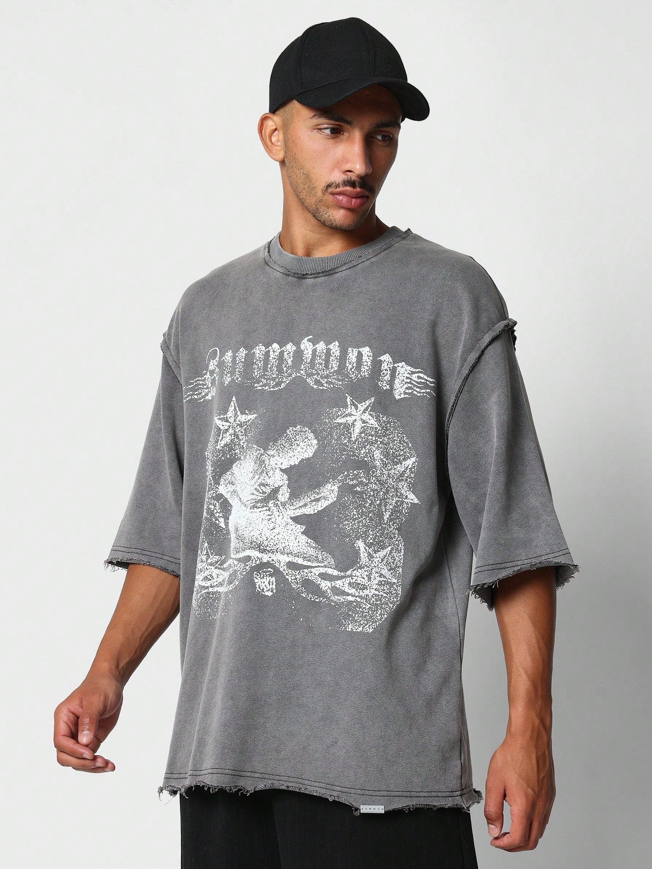 Washed Loopback Raw Edges Tee With Faded Graphic Print