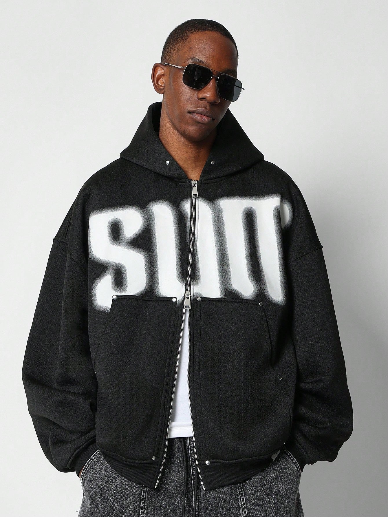 Oversized Fit Zip Through Hoodie With Front And Back Graphic Print