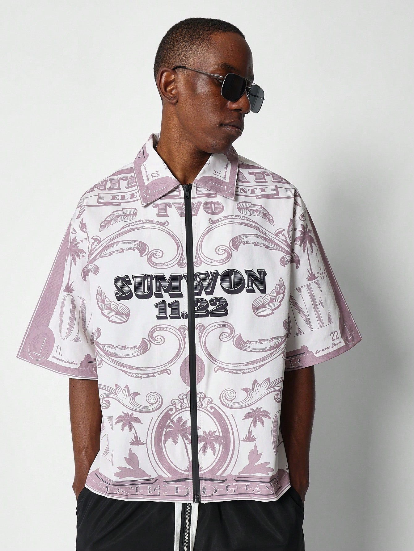 Boxy Fit Zip Nylon Shirt With All Over Print