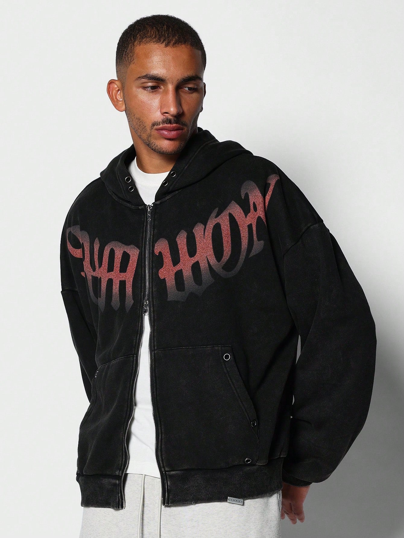 Washed Zip-Up Hoodie With Text Graphic Print