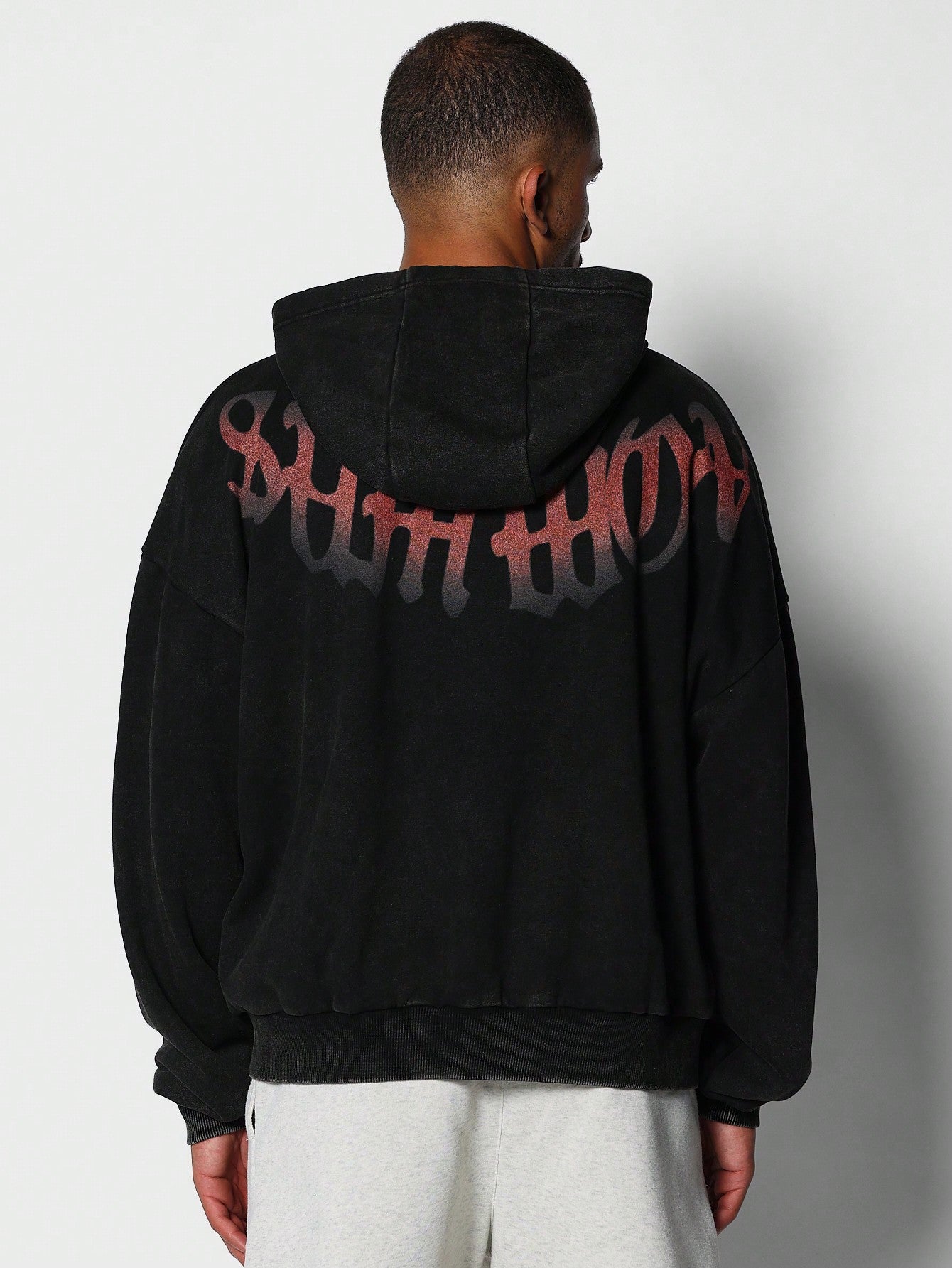 Washed Zip-Up Hoodie With Text Graphic Print