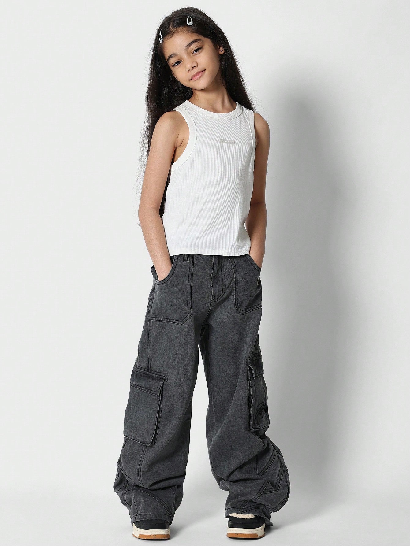 Tween Girls Loose Baggy Fit Cargo Jean With Panelled Detail