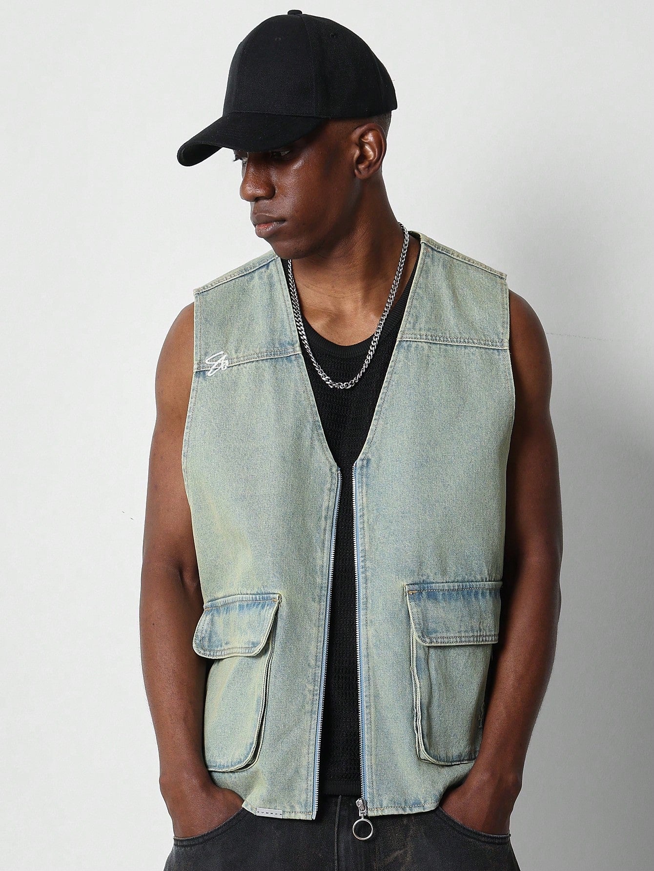 Washed Denim Vest Jacket