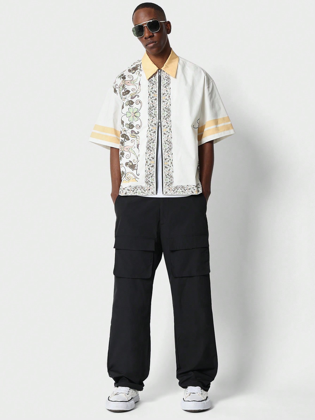 Boxy Fit Zip Through Contrast Shirt With All Over Print