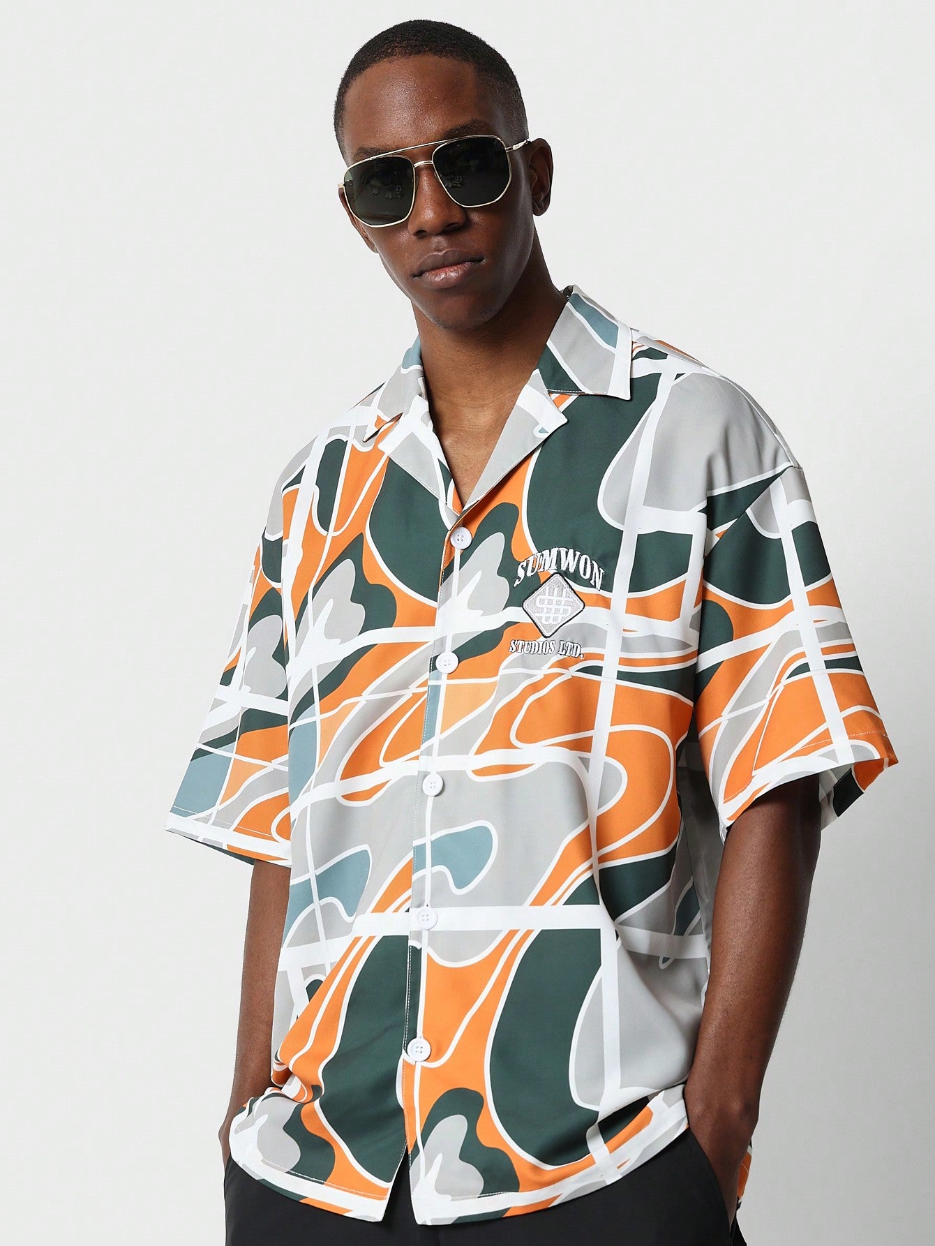 Relaxed Fit Revere Collar Shirt With All Over Print