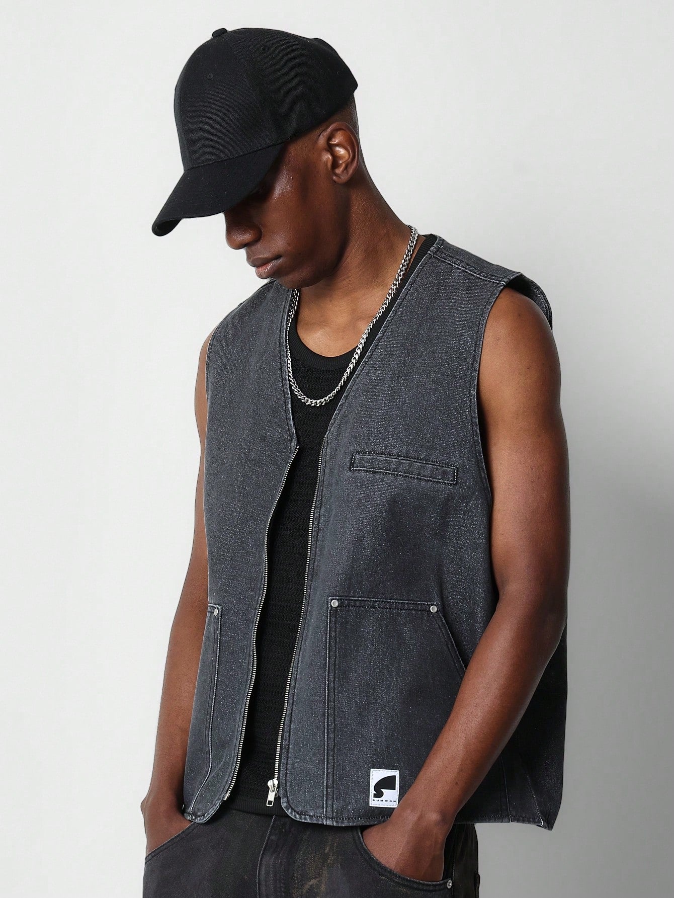 Zip Through Denim Workwear Gilet