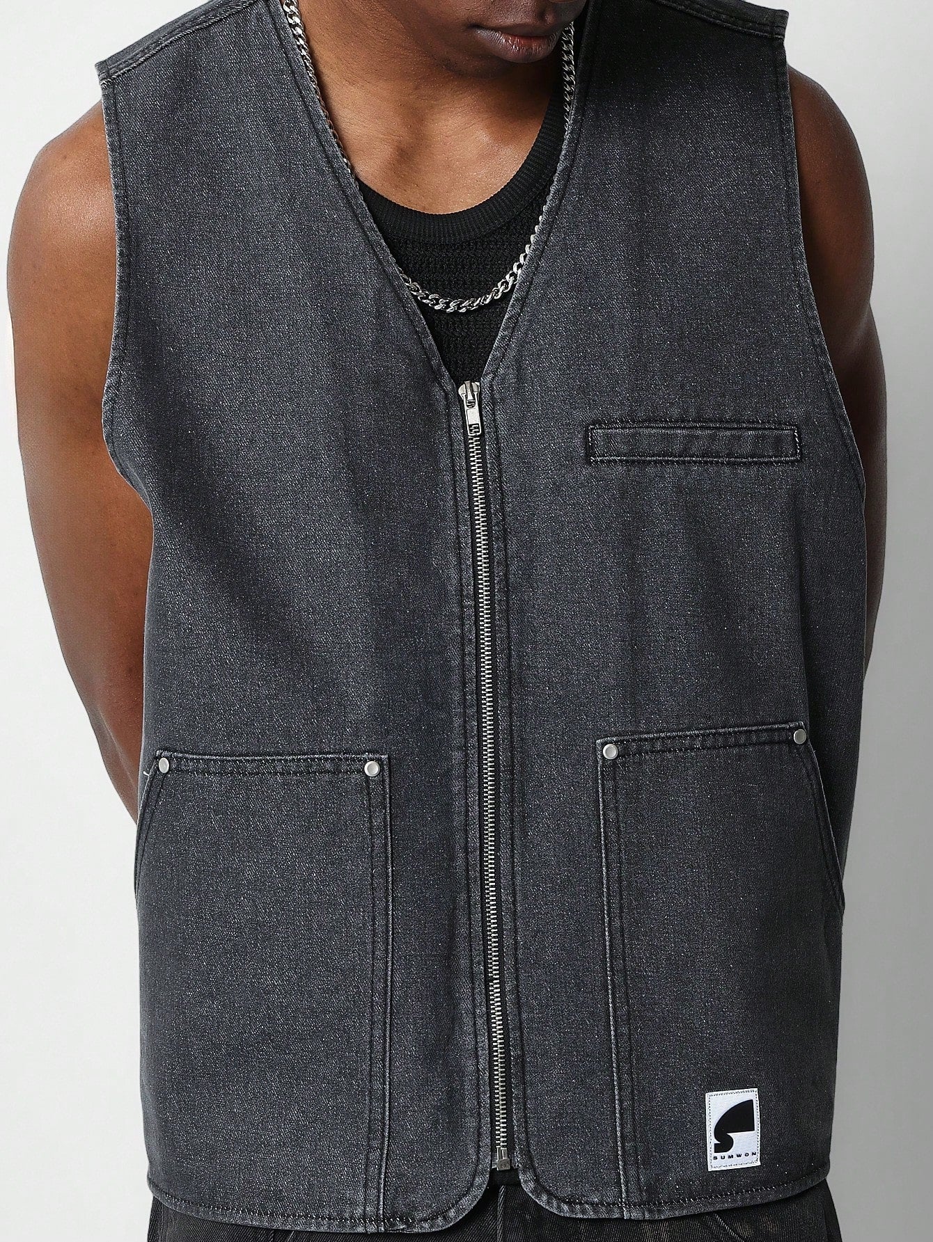 Zip Through Denim Workwear Gilet