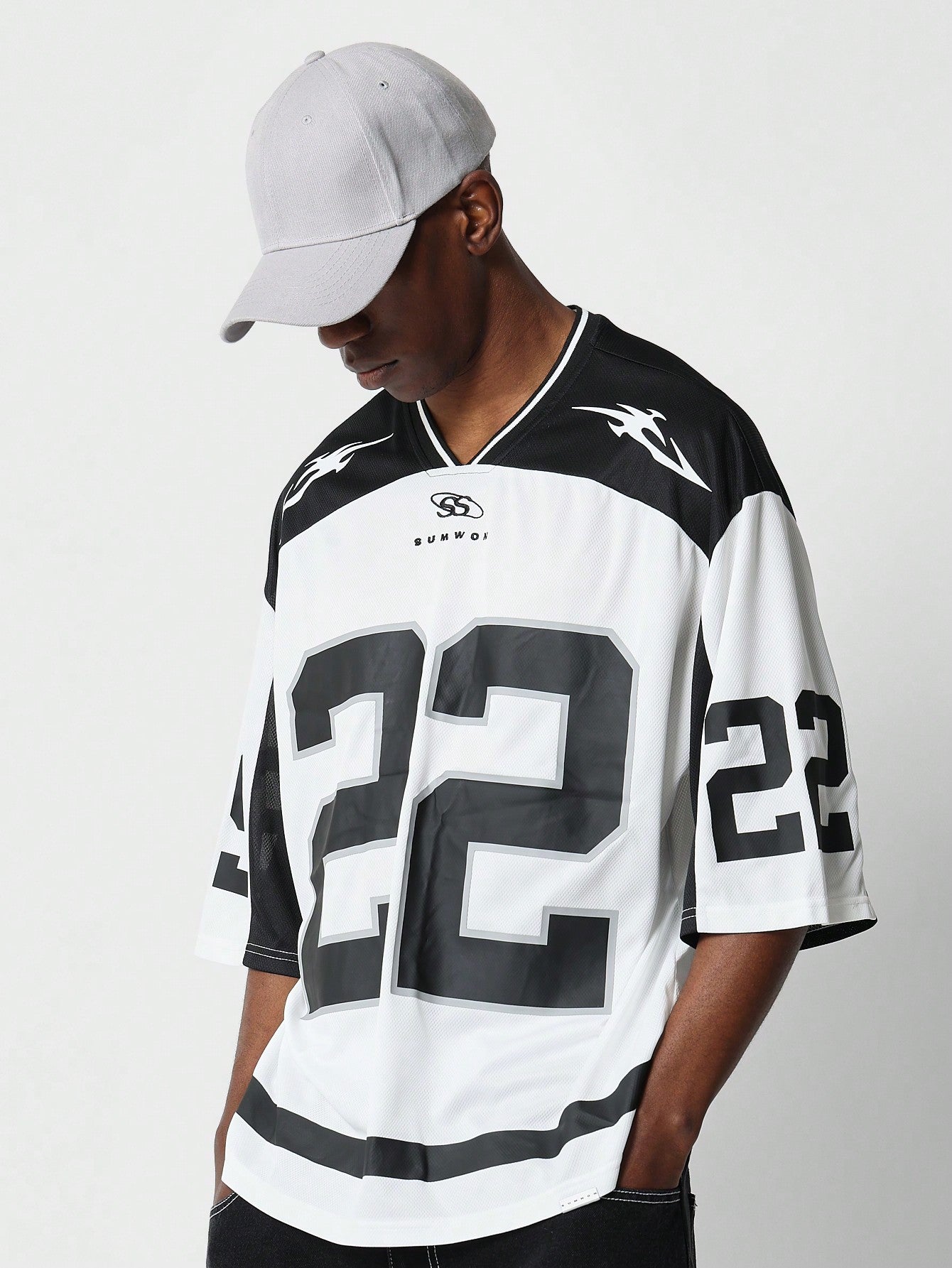 Oversized Fit Colour Block Mesh Hockey Tee With Number Graphic Print