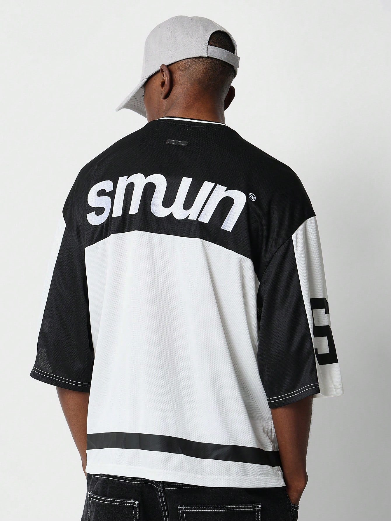 Oversized Fit Colour Block Mesh Hockey Tee With Number Graphic Print