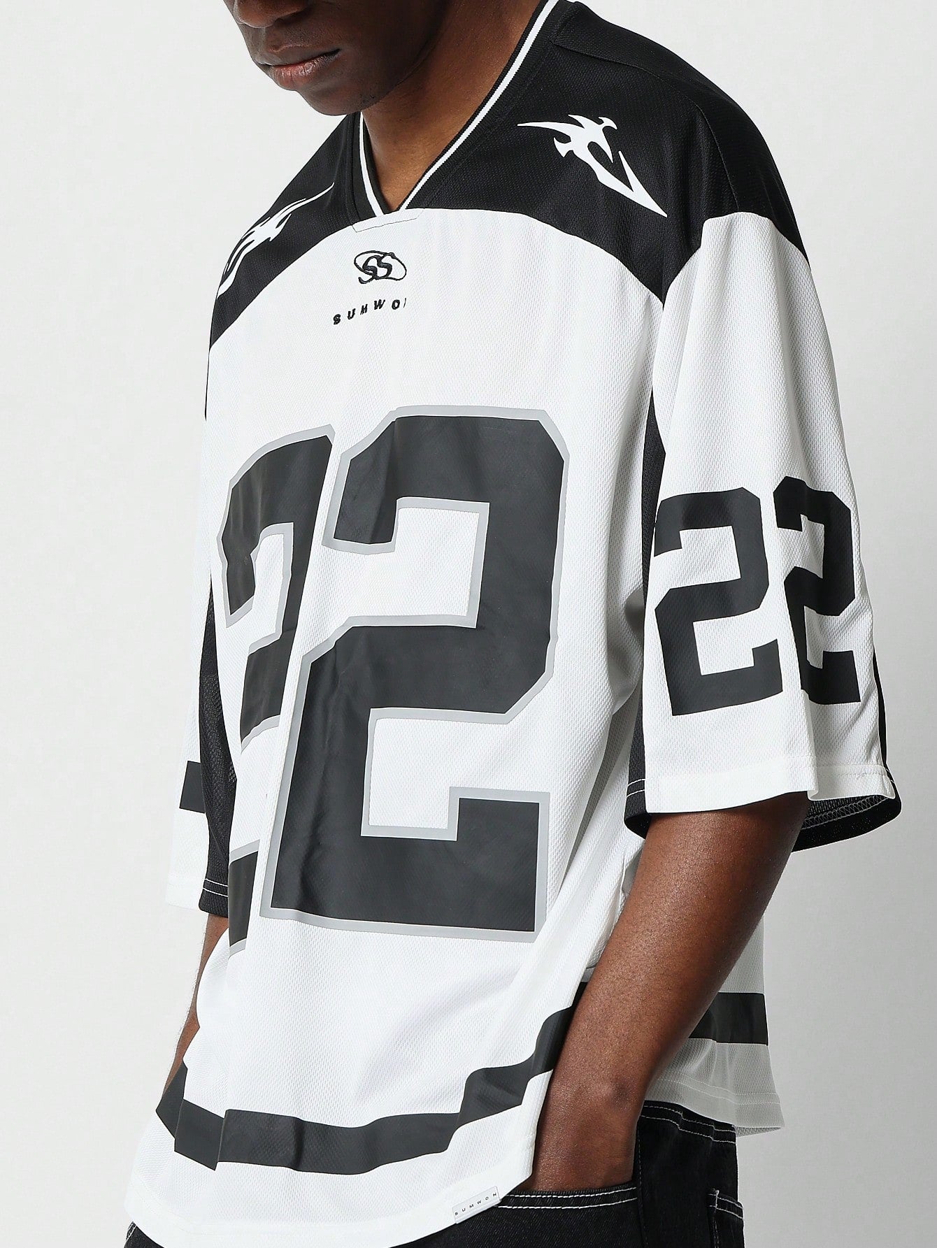 Oversized Fit Colour Block Mesh Hockey Tee With Number Graphic Print