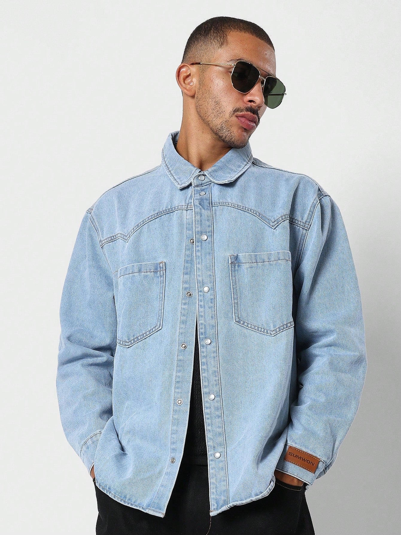 Western Denim Shirt With PU Patch Cuff