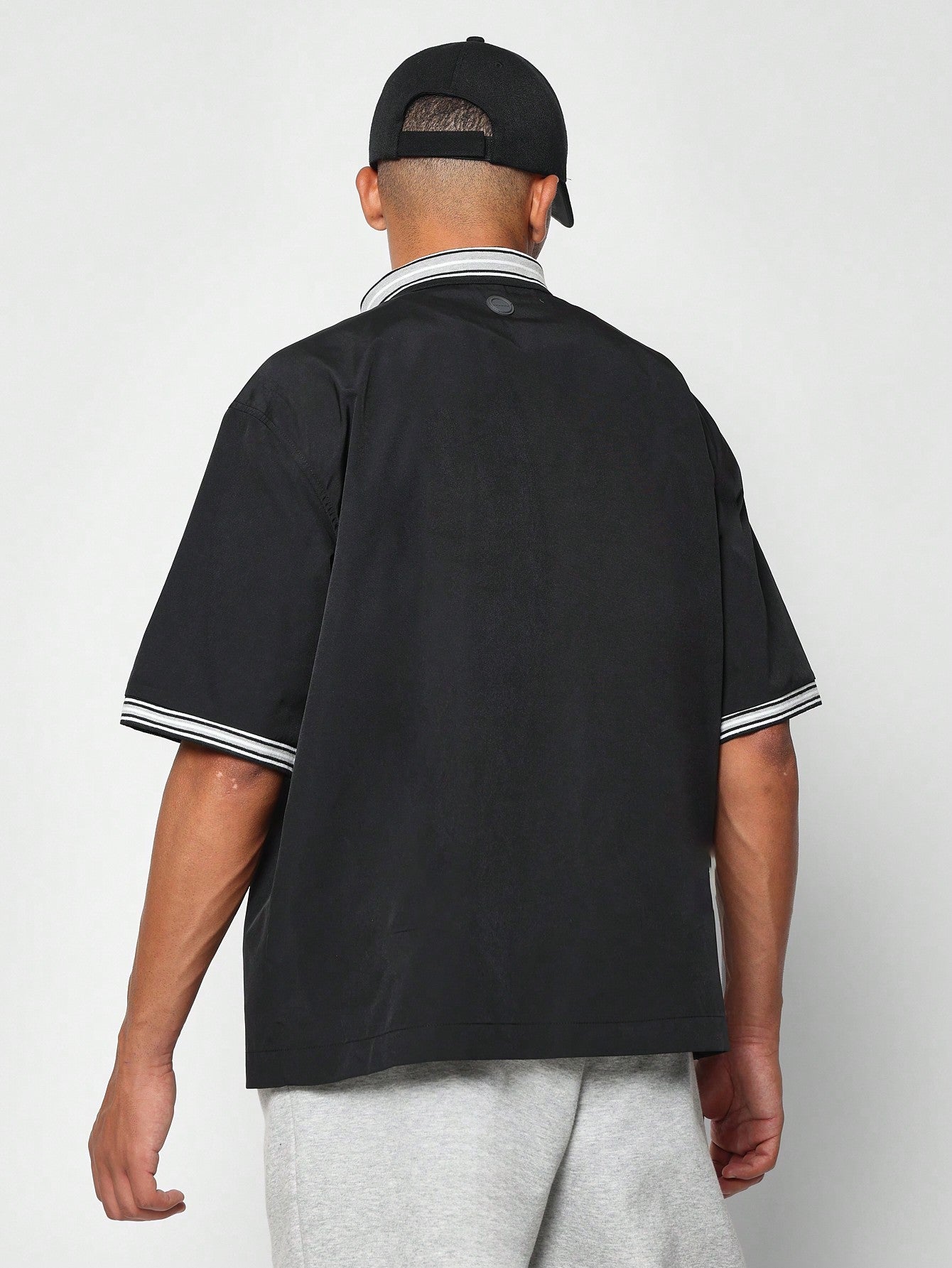 Boxy Fit Nylon Shirt With Contrast Polo Collar & Sleeve And Front Embroidery