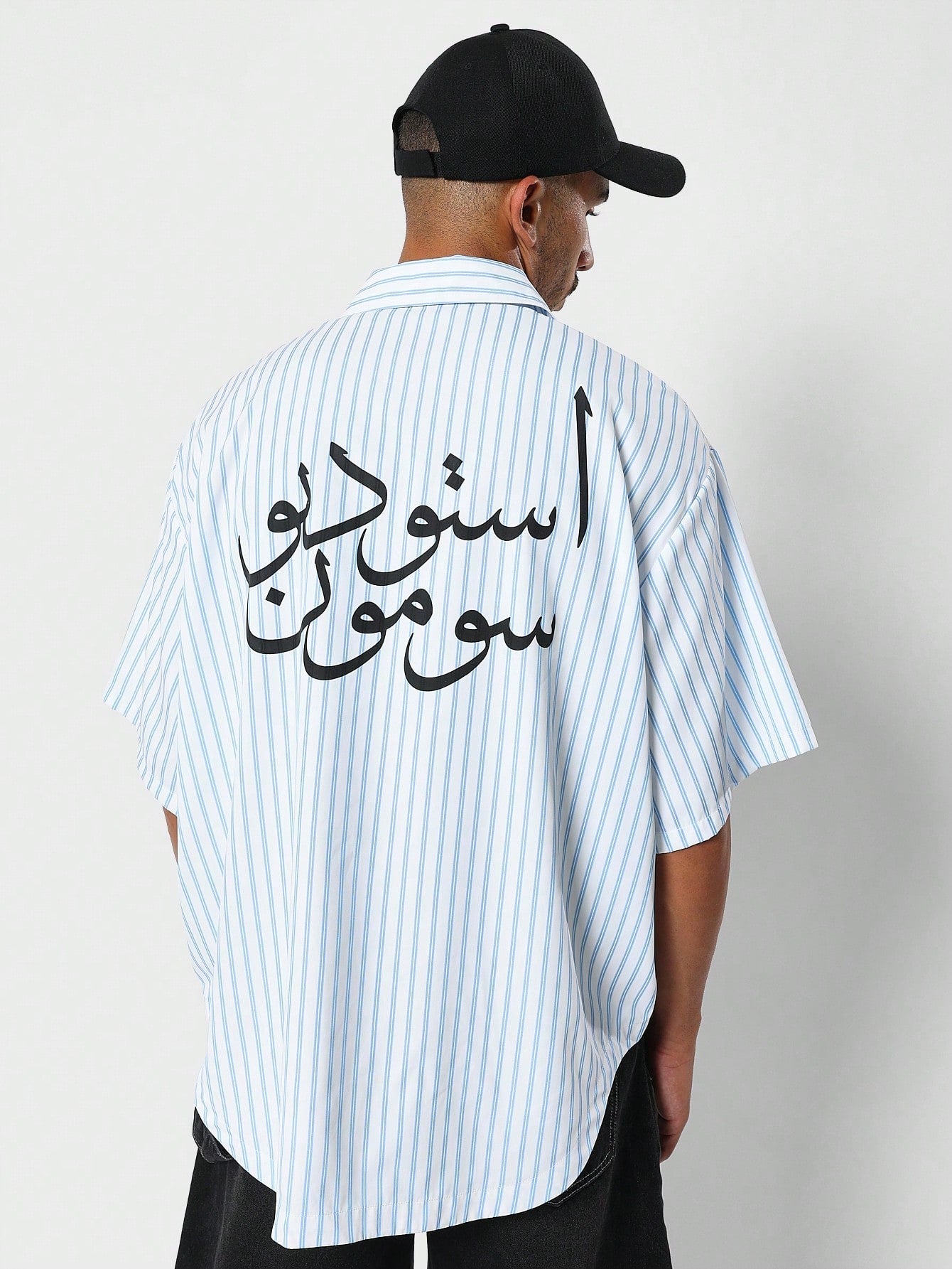 Oversized Fit Stripe Shirt With Patch And Back Arabic Print