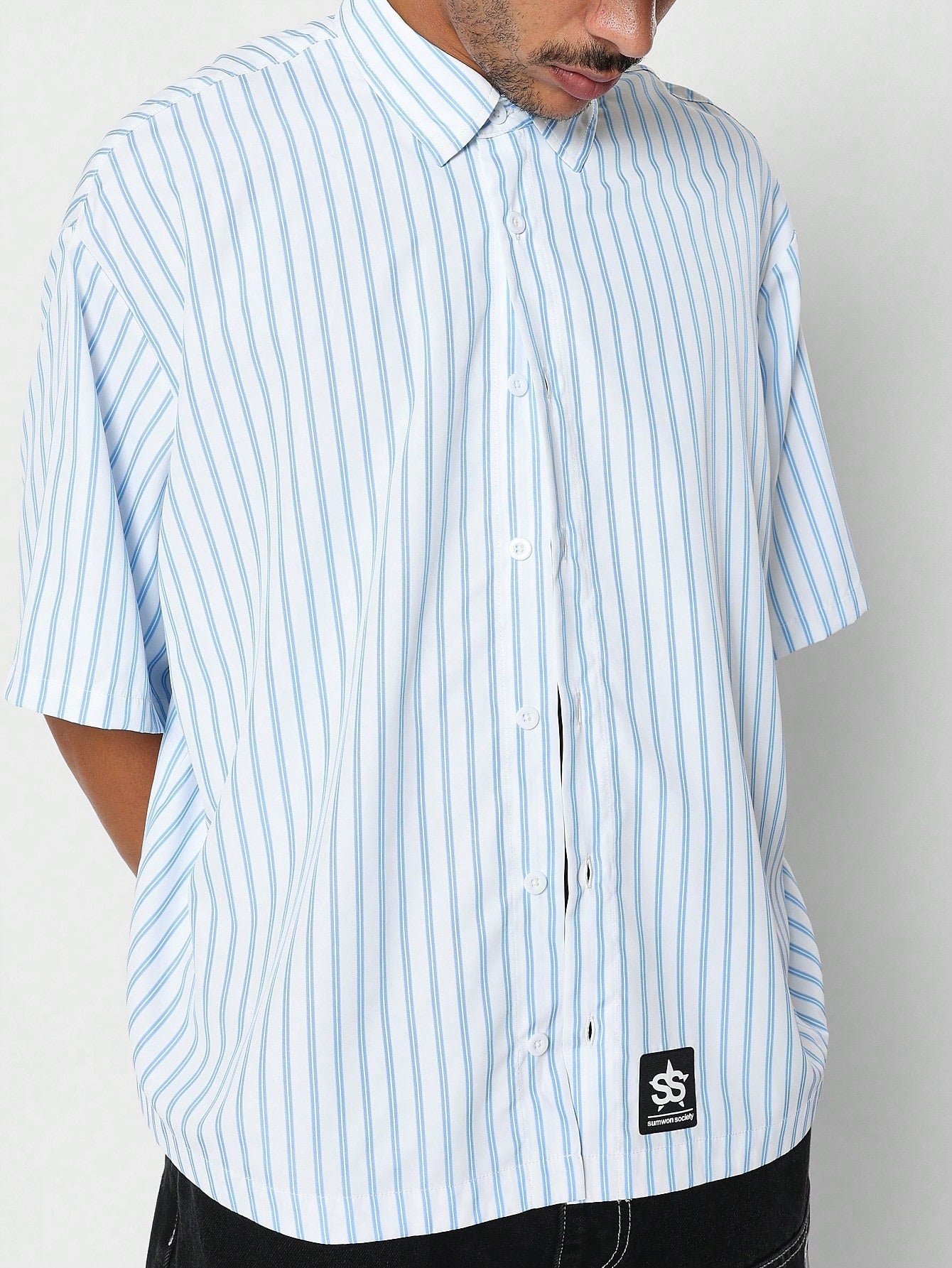 Oversized Fit Stripe Shirt With Patch And Back Arabic Print