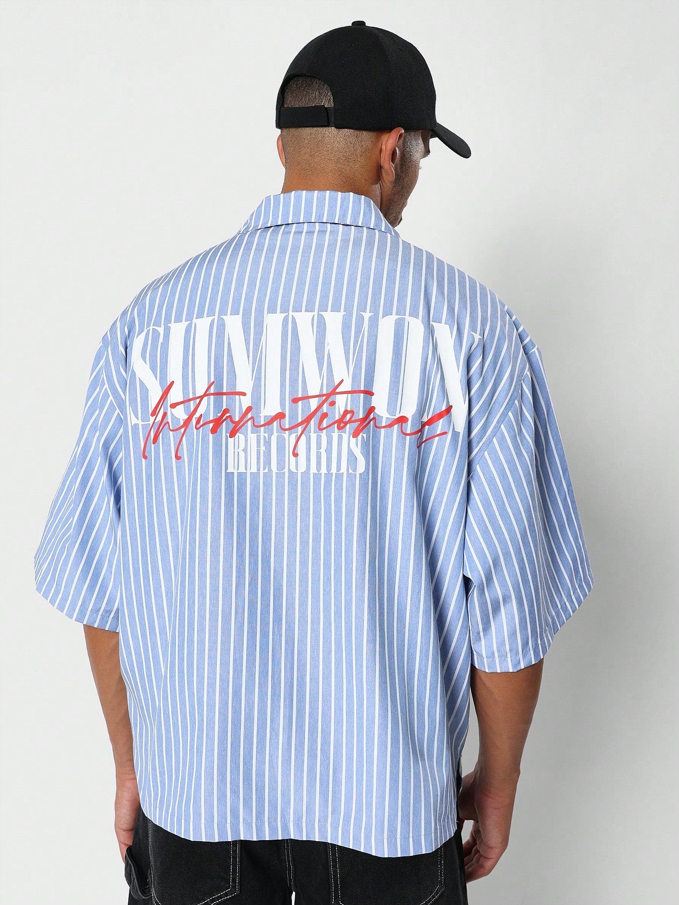 Boxy Fit Revere Stripe Shirt With Back Print