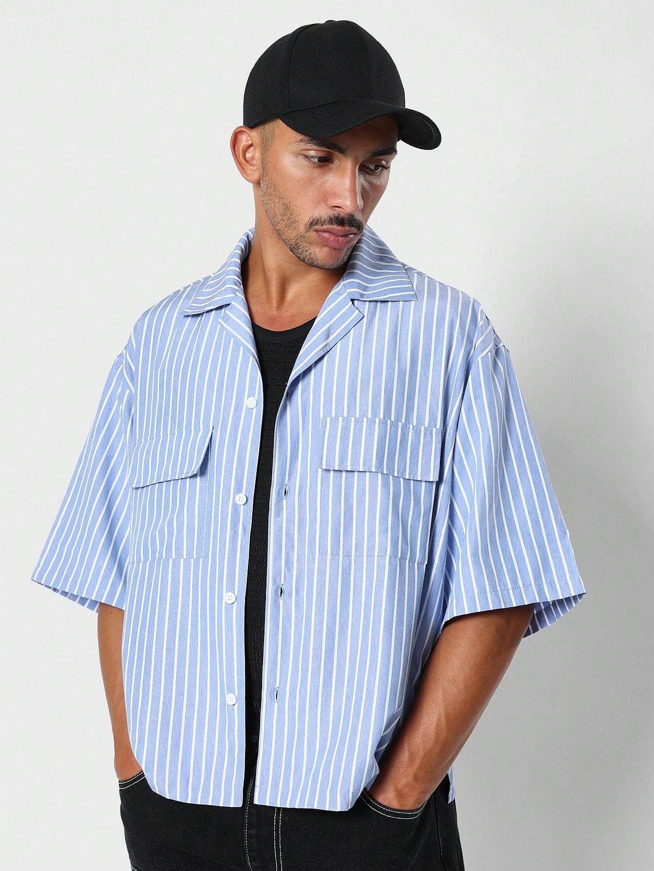 Boxy Fit Revere Stripe Shirt With Back Print