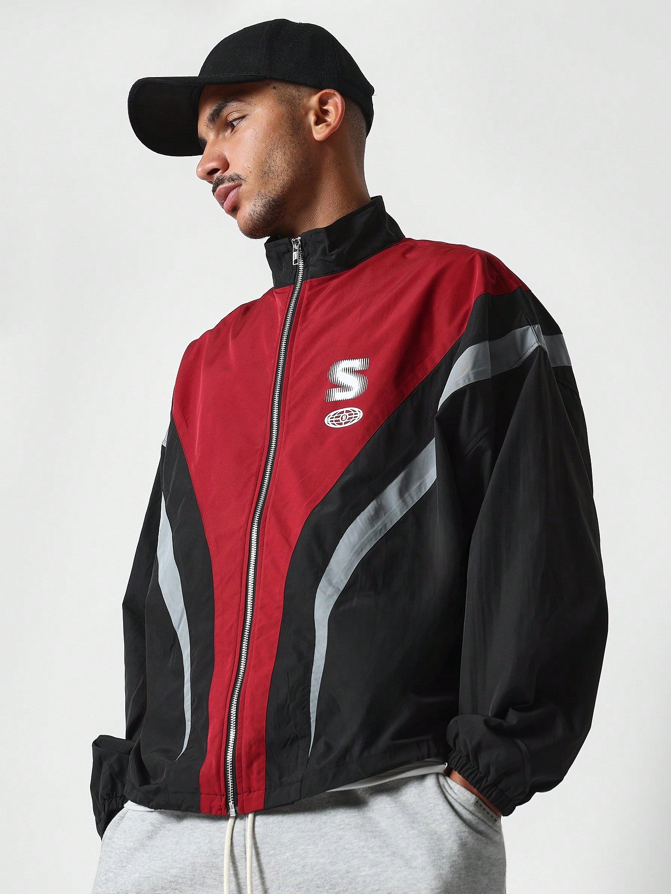 Nylon Zip Through Funnel Neck Colour Block Track Jacket