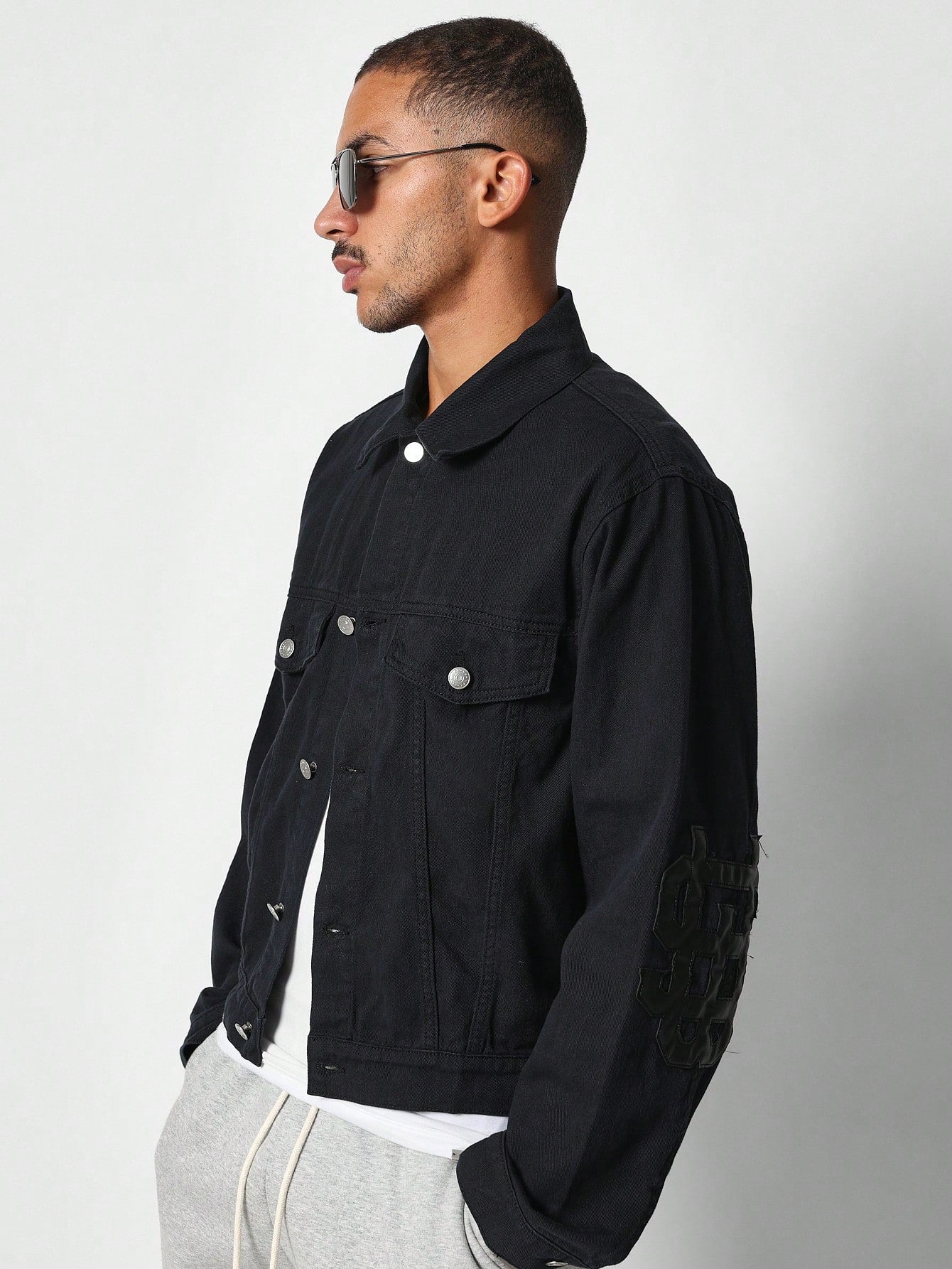 Cropped Twill Jacket With PU Trucker And Back Graphic Print