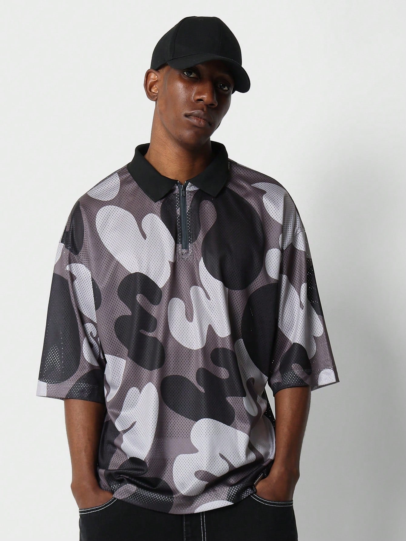 Oversized Fit Mesh Polo Camo Printed Shirt