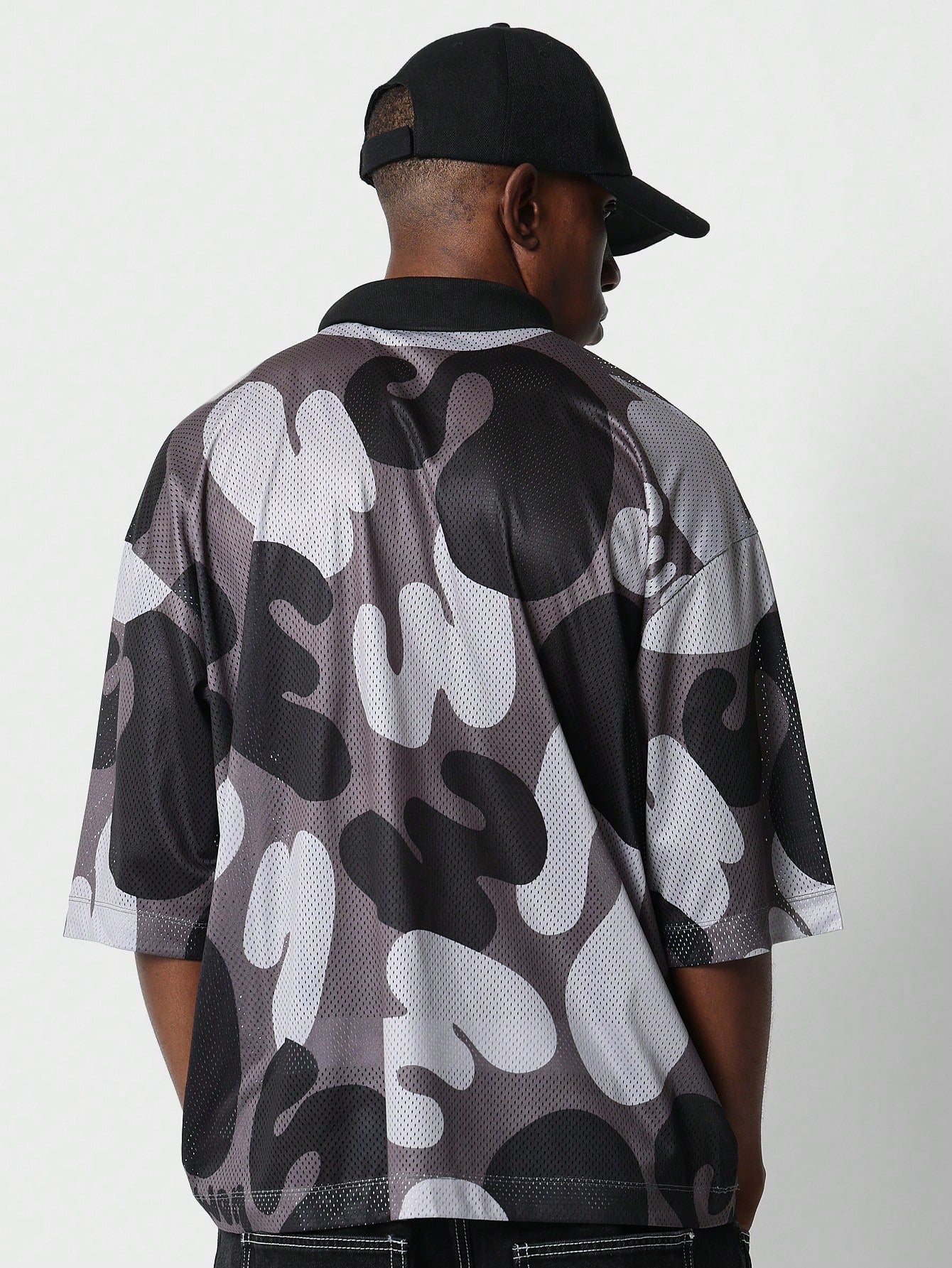 Oversized Fit Mesh Polo Camo Printed Shirt