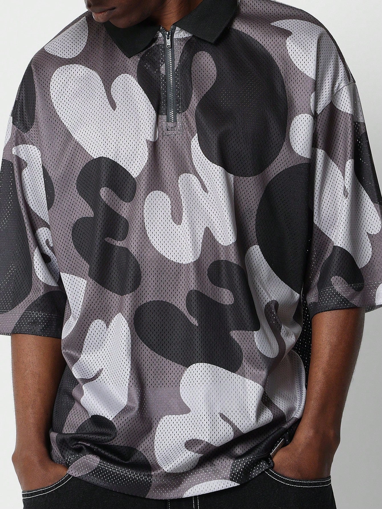 Oversized Fit Mesh Polo Camo Printed Shirt