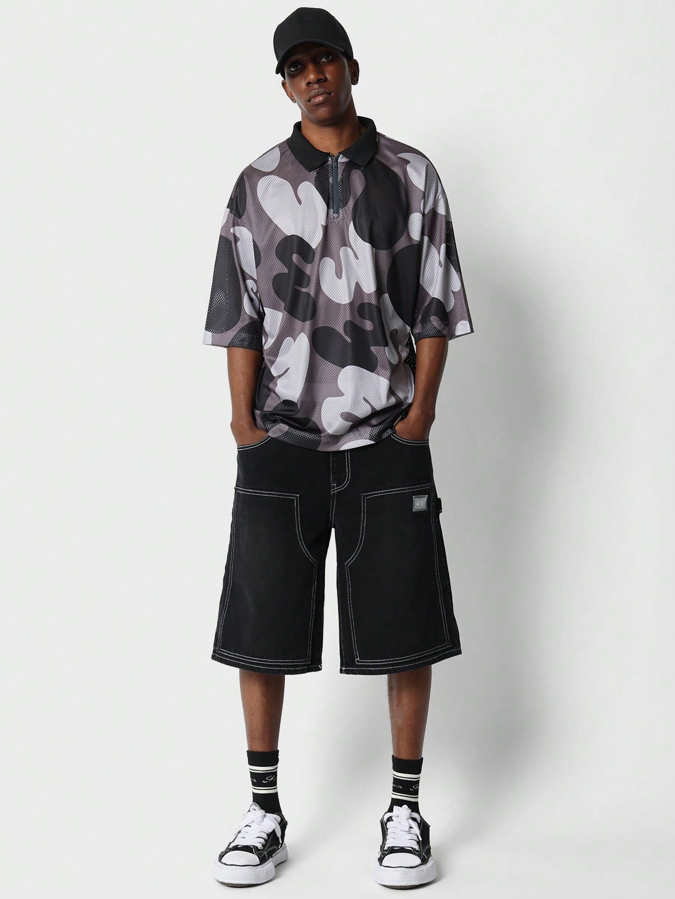 Oversized Fit Mesh Polo Camo Printed Shirt