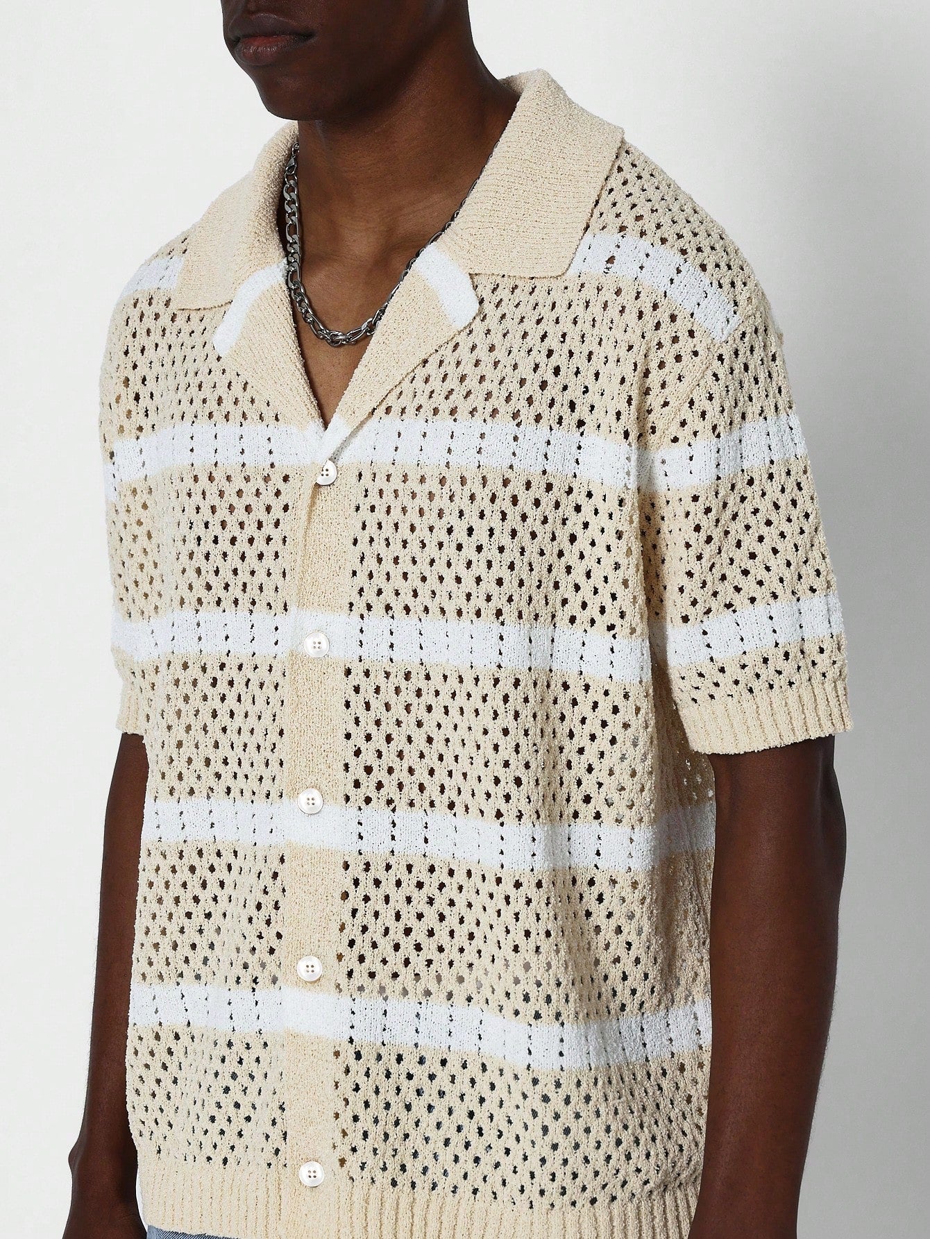 Oversized Fit Button Through Crochet Knit Shirt