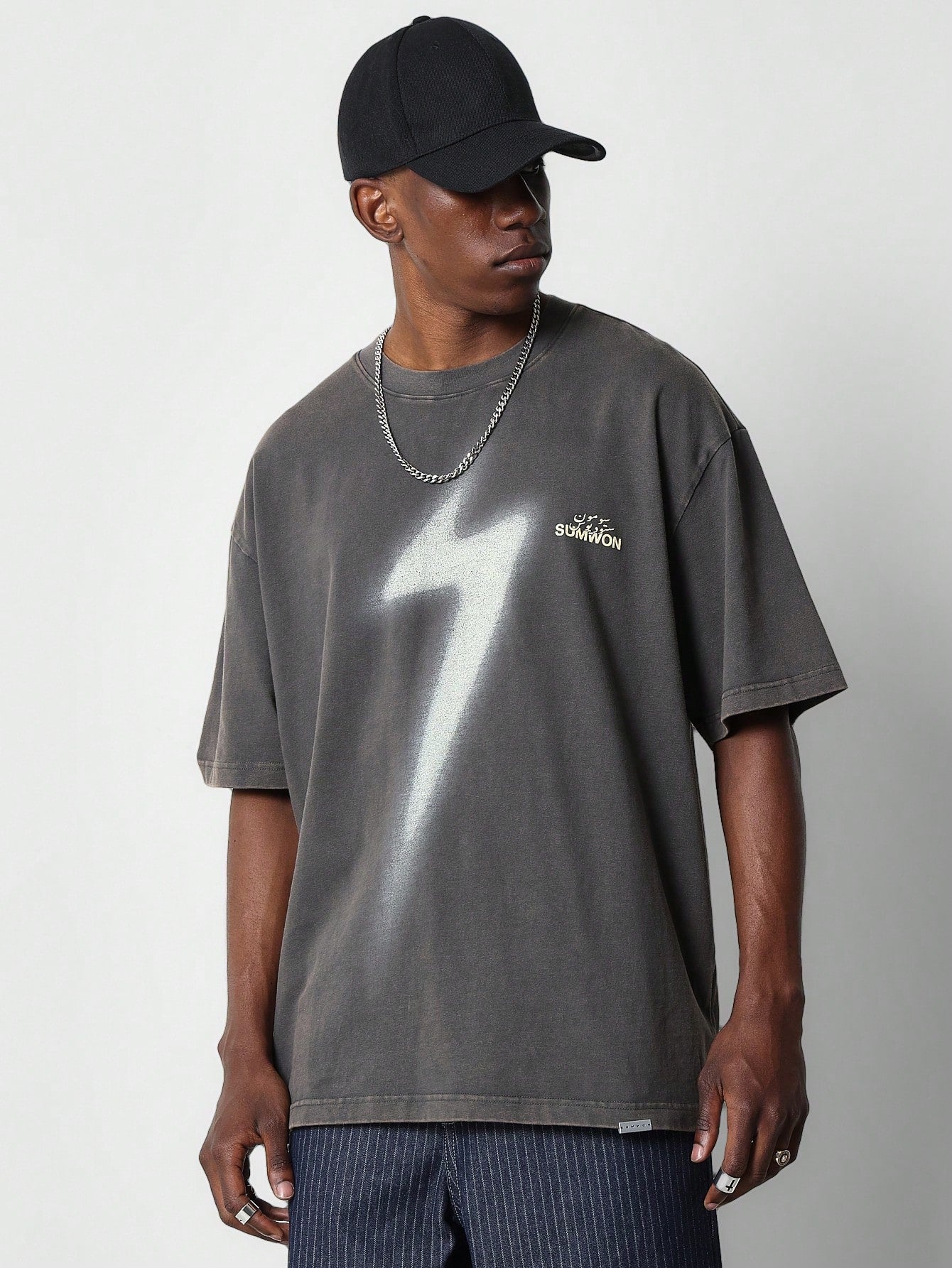 Washed Tee With Lightning Bolt Graphic Print