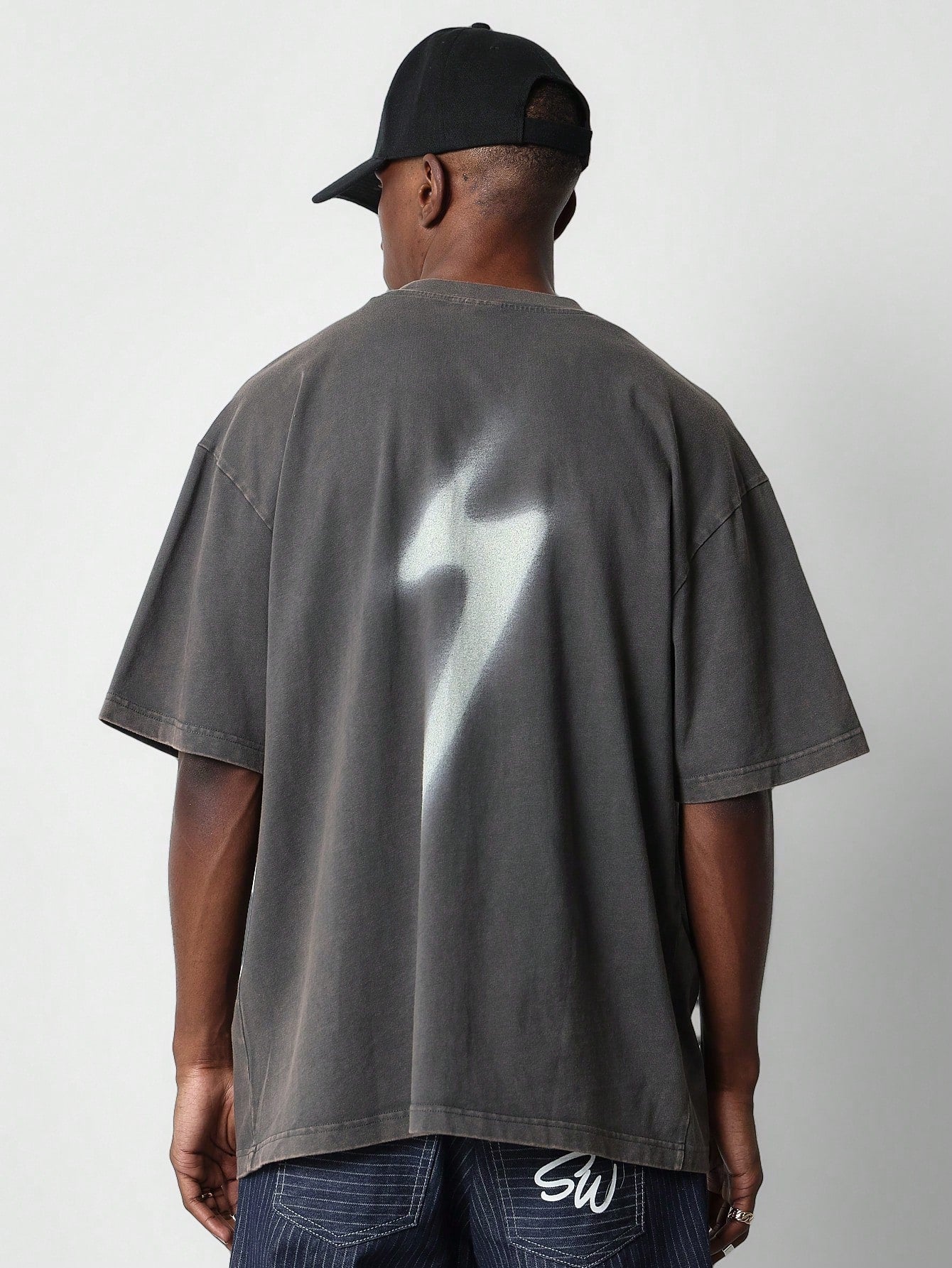 Washed Tee With Lightning Bolt Graphic Print