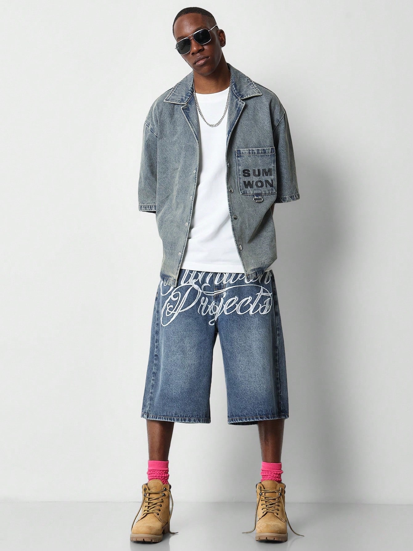 Denim Jort With Front Graphic