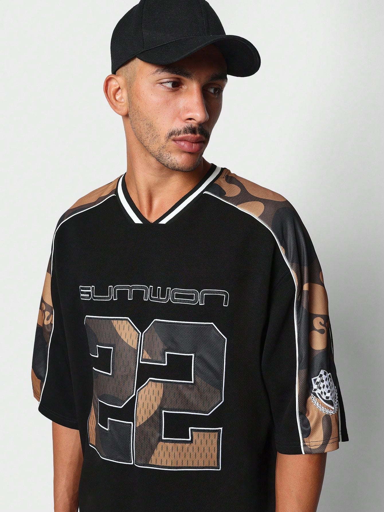 Oversized Fit Hockey Tee With Camo Shoulder Panel & Embroidered Applique Number