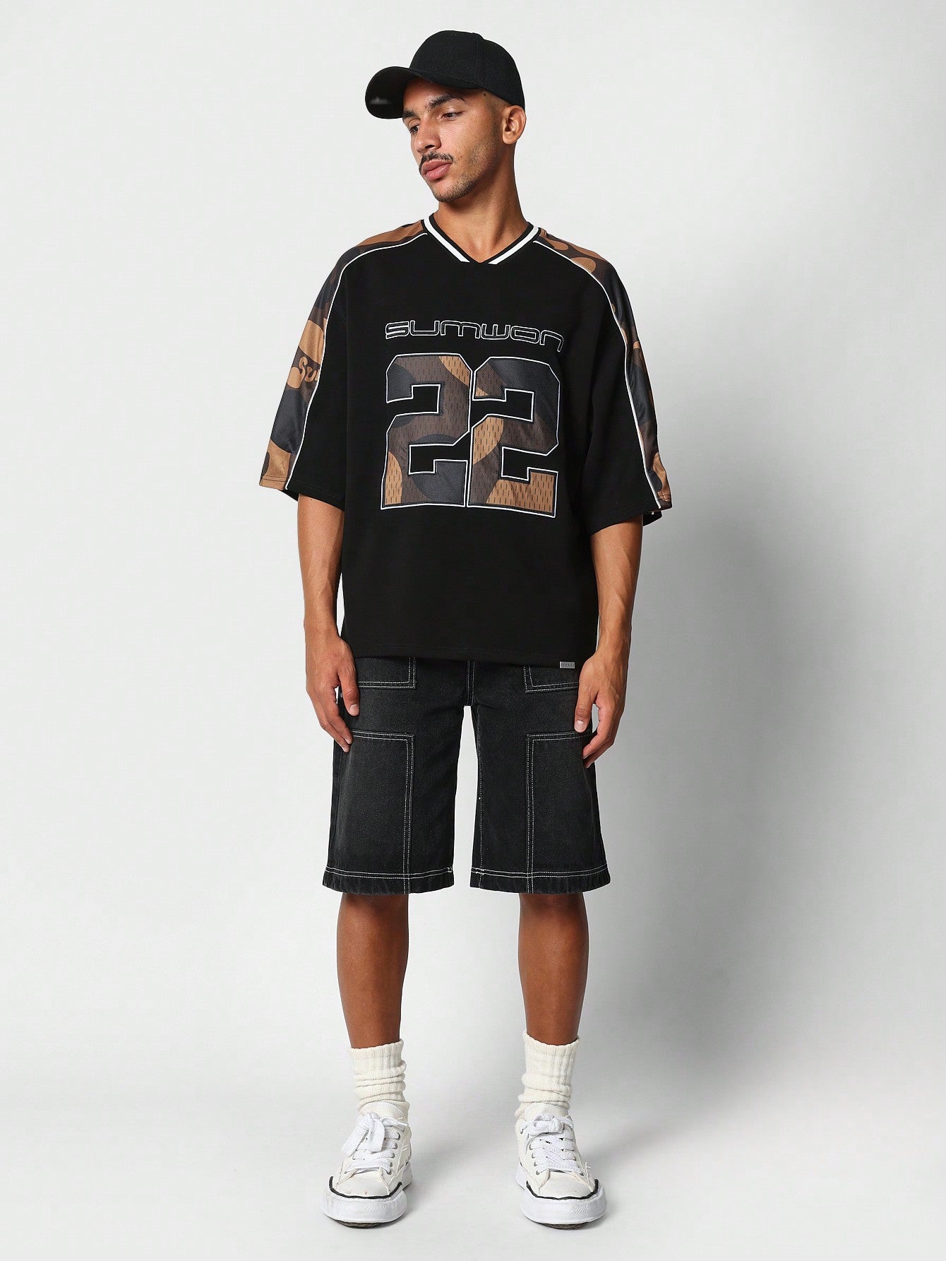 Oversized Fit Hockey Tee With Camo Shoulder Panel & Embroidered Applique Number