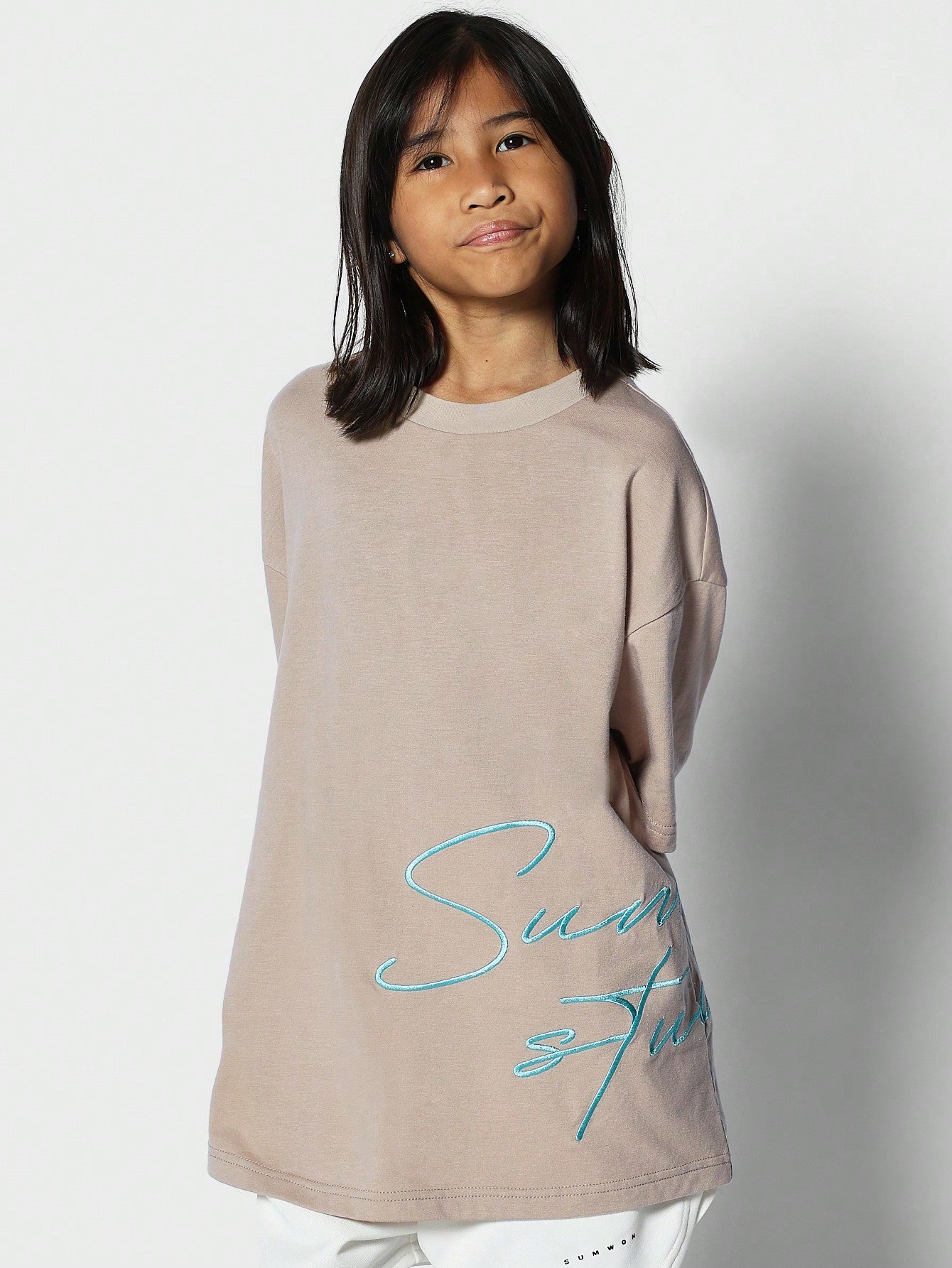 Tween Girl Oversized Fit Tee With Wrap Around Print