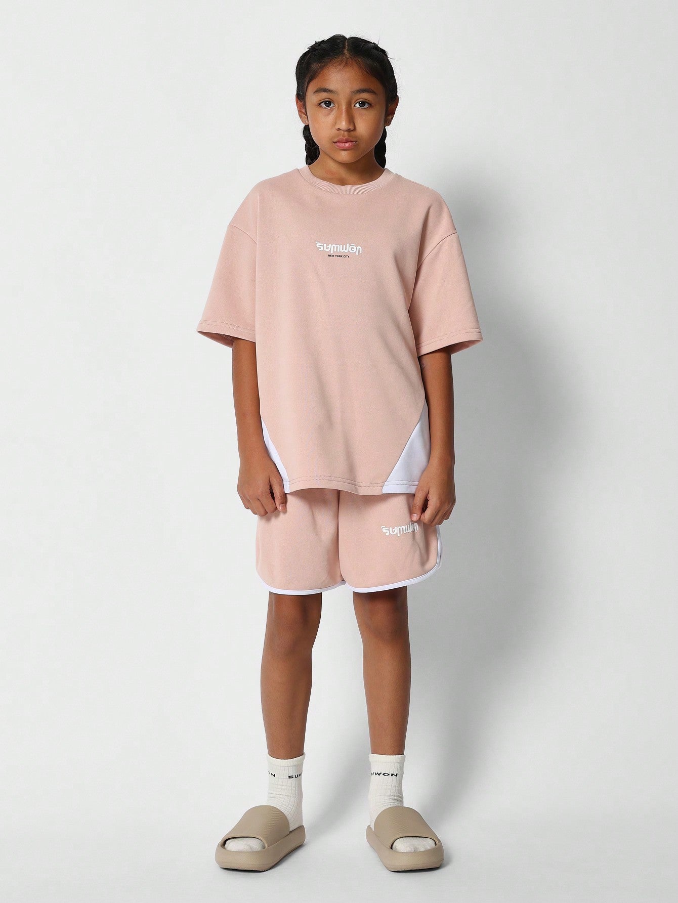 Kids Unisex Oversized Fit Colour Blocked Tee And Short 2 Piece Set