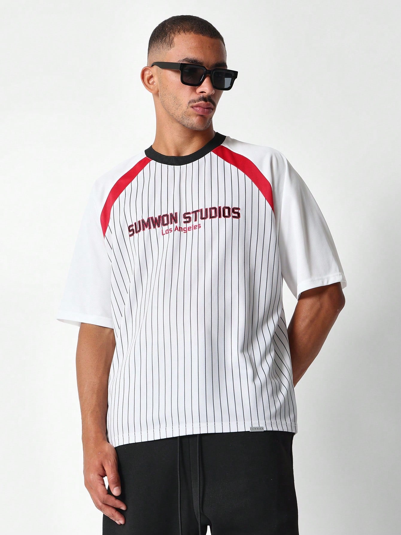 Raglan Mesh Stripes Tee With Front Print & Back Number