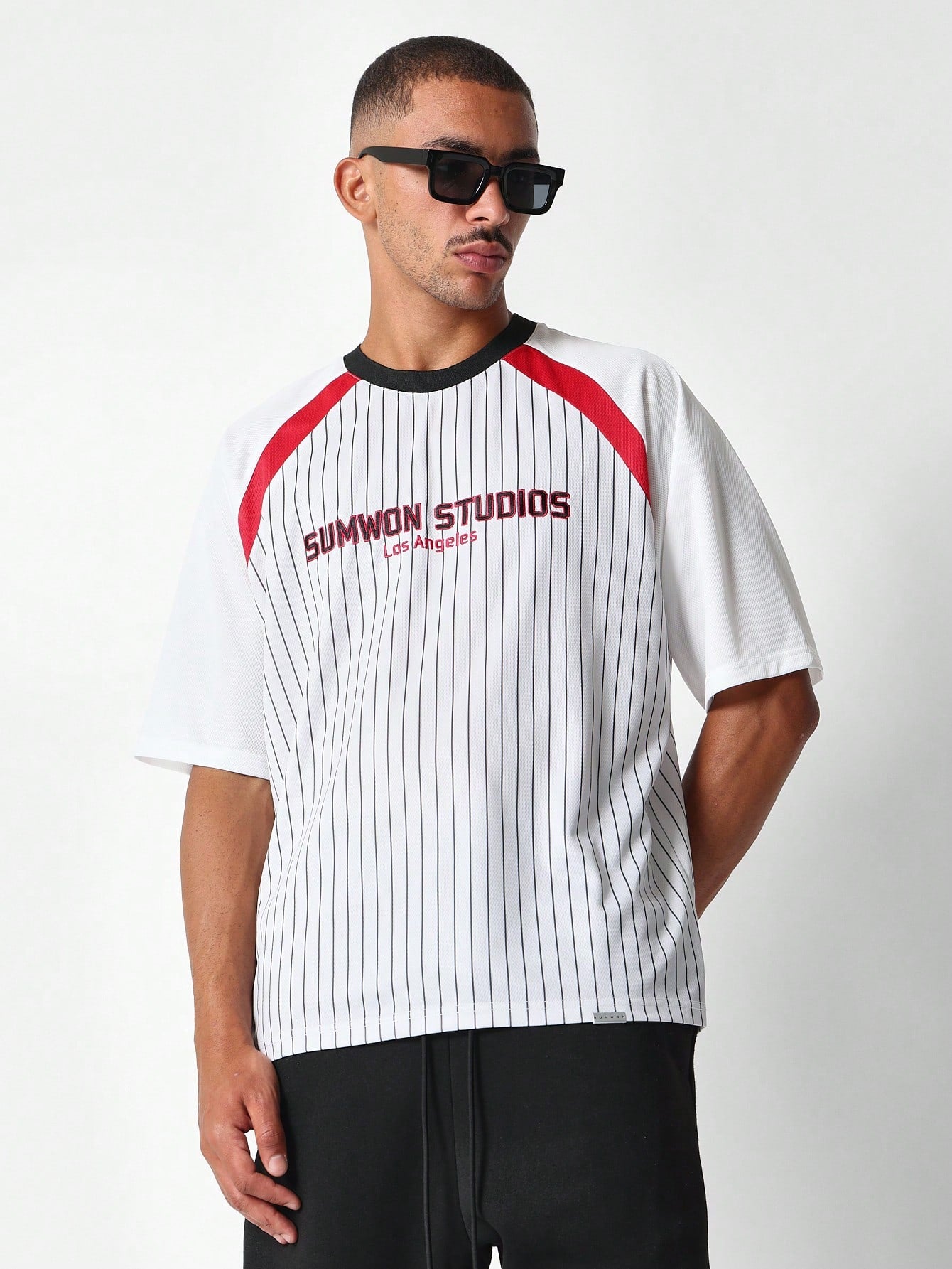 Raglan Mesh Stripes Tee With Los Angeles & Number Graphic Print