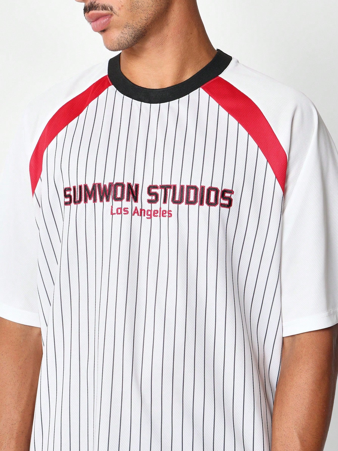 Raglan Mesh Stripes Tee With Los Angeles & Number Graphic Print