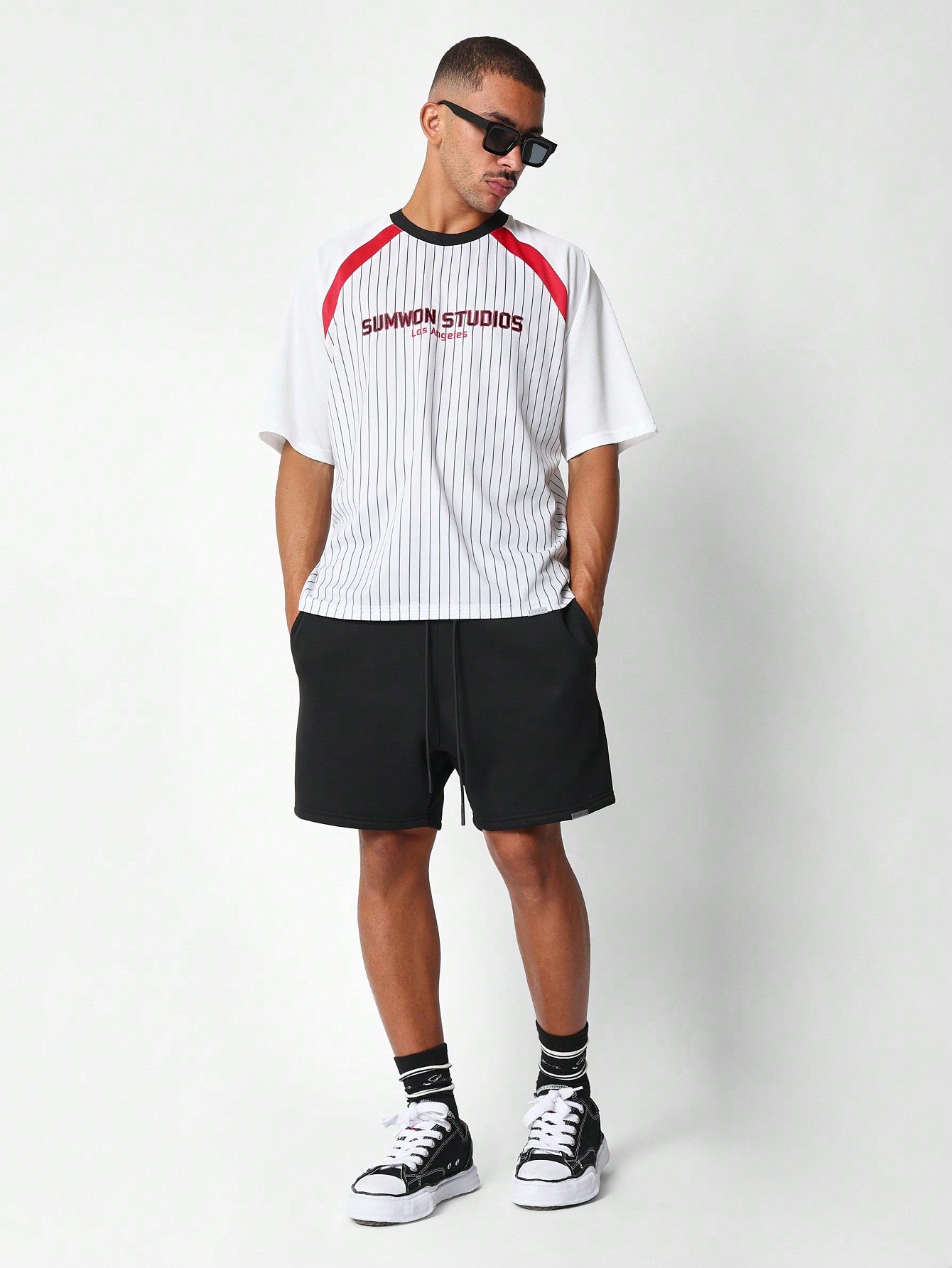 Raglan Mesh Stripes Tee With Los Angeles & Number Graphic Print