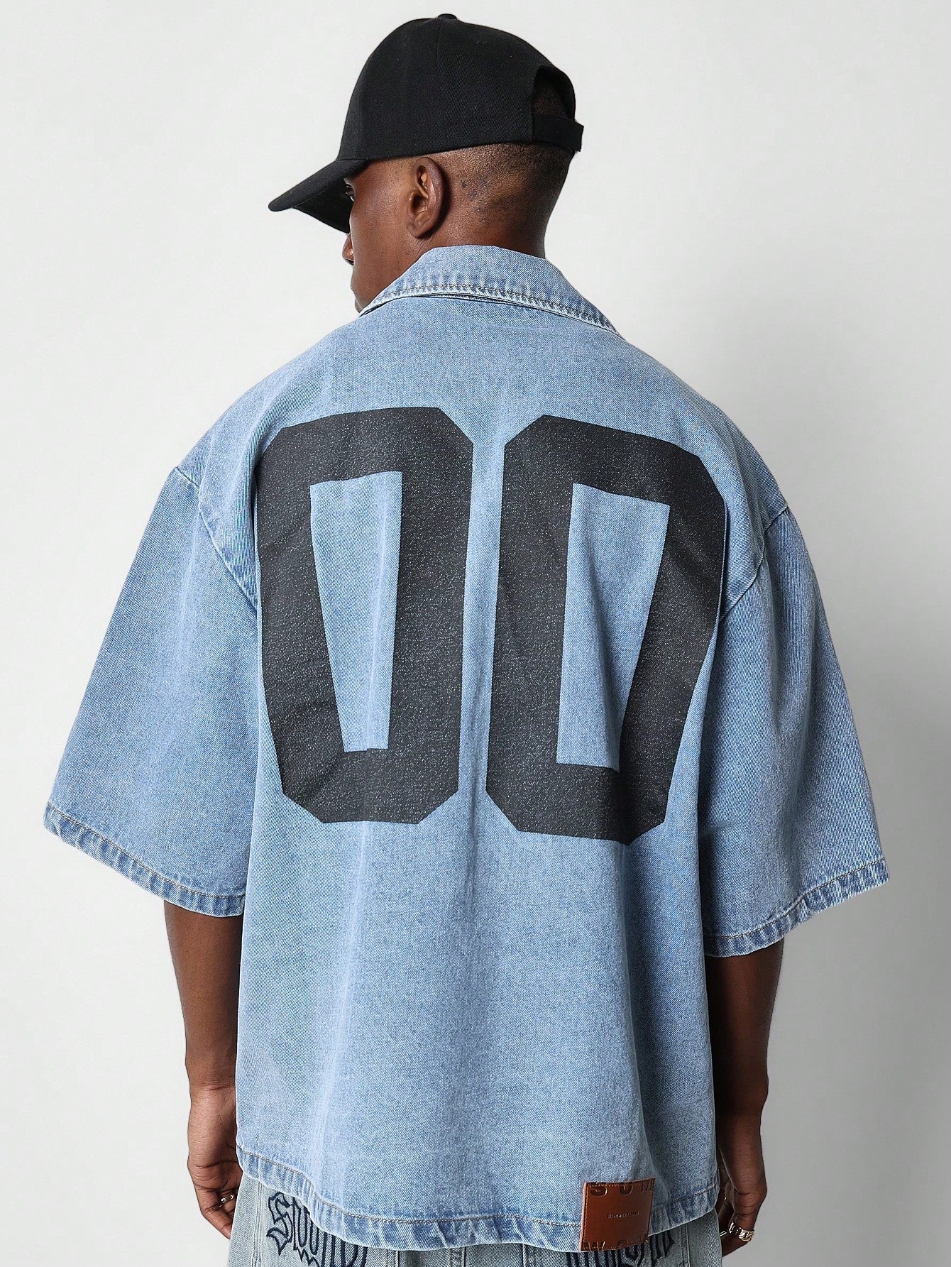 Boxy Fit Revere Collar Denim Shirt With Pocket And Back Number Graphic Print