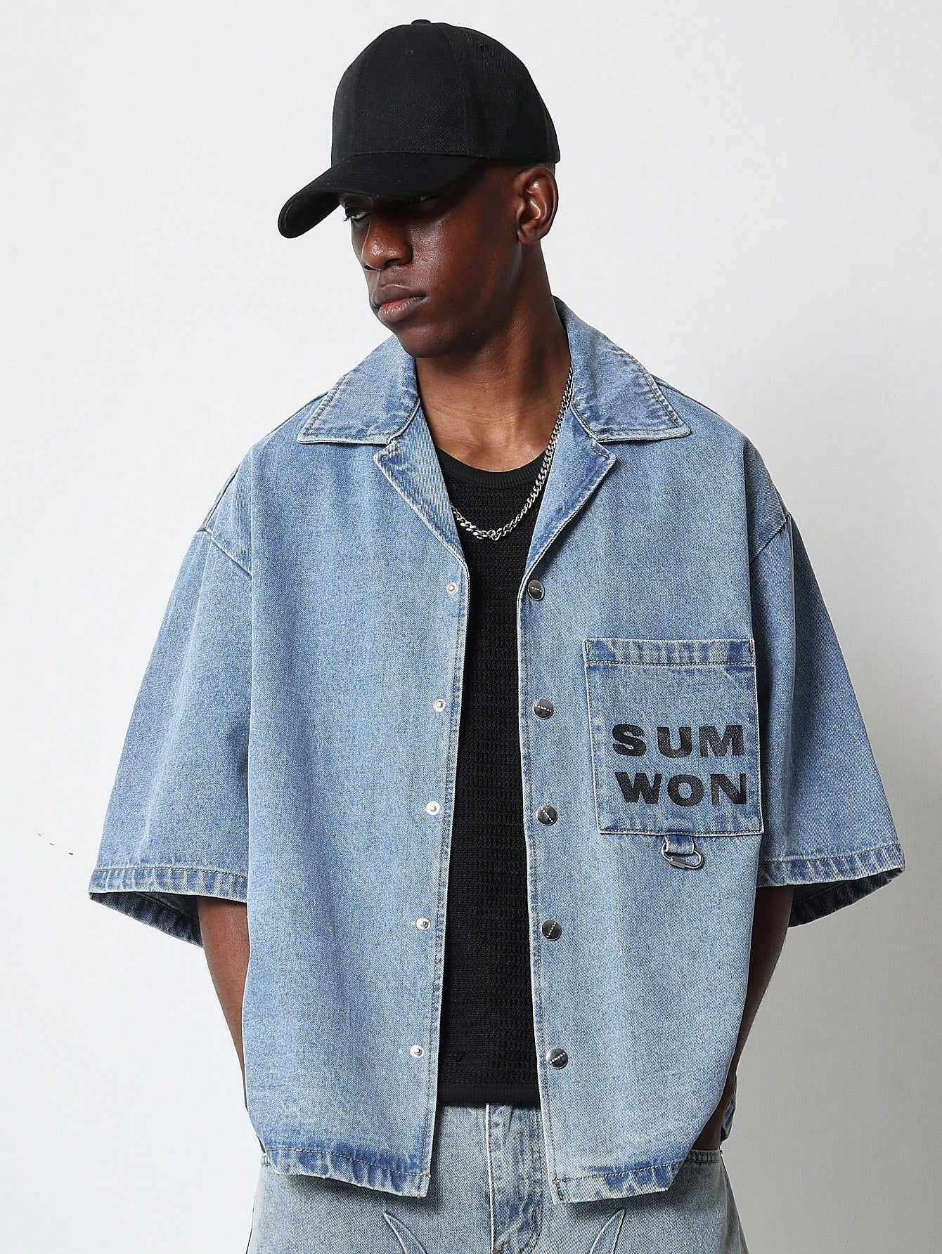 Boxy Fit Revere Collar Denim Shirt With Pocket And Back Number Graphic Print